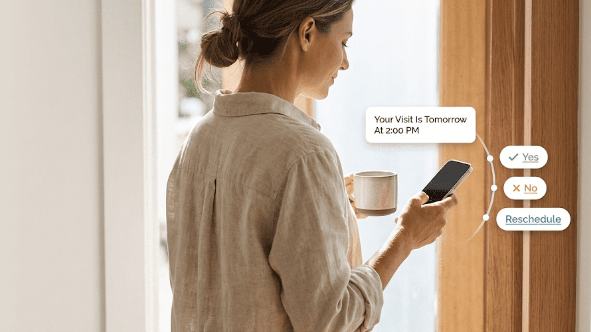 Patient at home glancing at a phone with floating Yes, No, and Reschedule reply options to a Lytec appointment reminder
