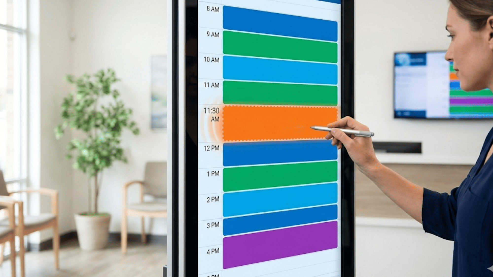 Front desk staff member filling an empty appointment slot on a daily scheduling board at a medical office