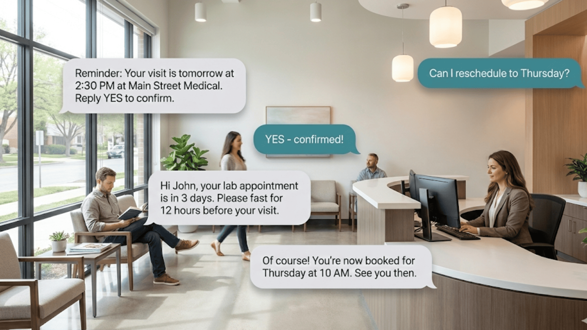 Two-way text conversations for appointment scheduling floating over busy medical practice lobby