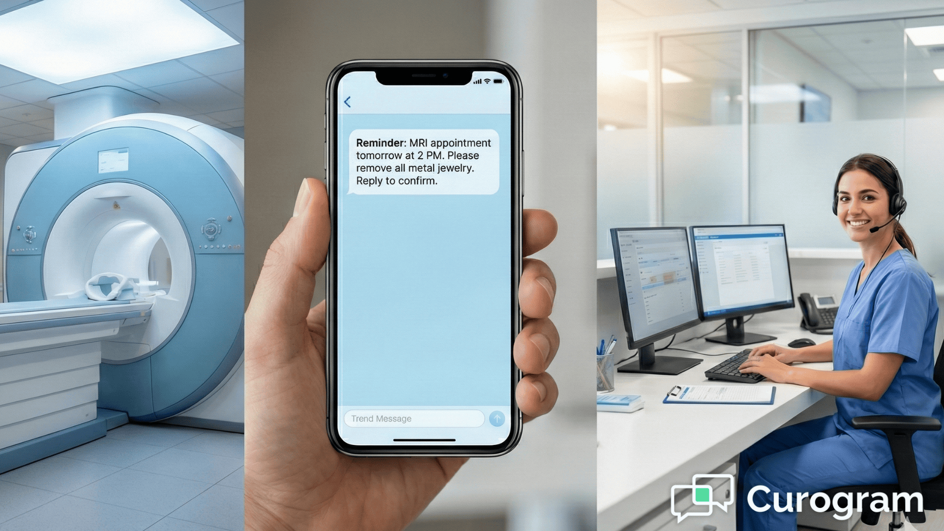 Medstreaming imaging center with appointment reminder on smartphone and front desk staff
