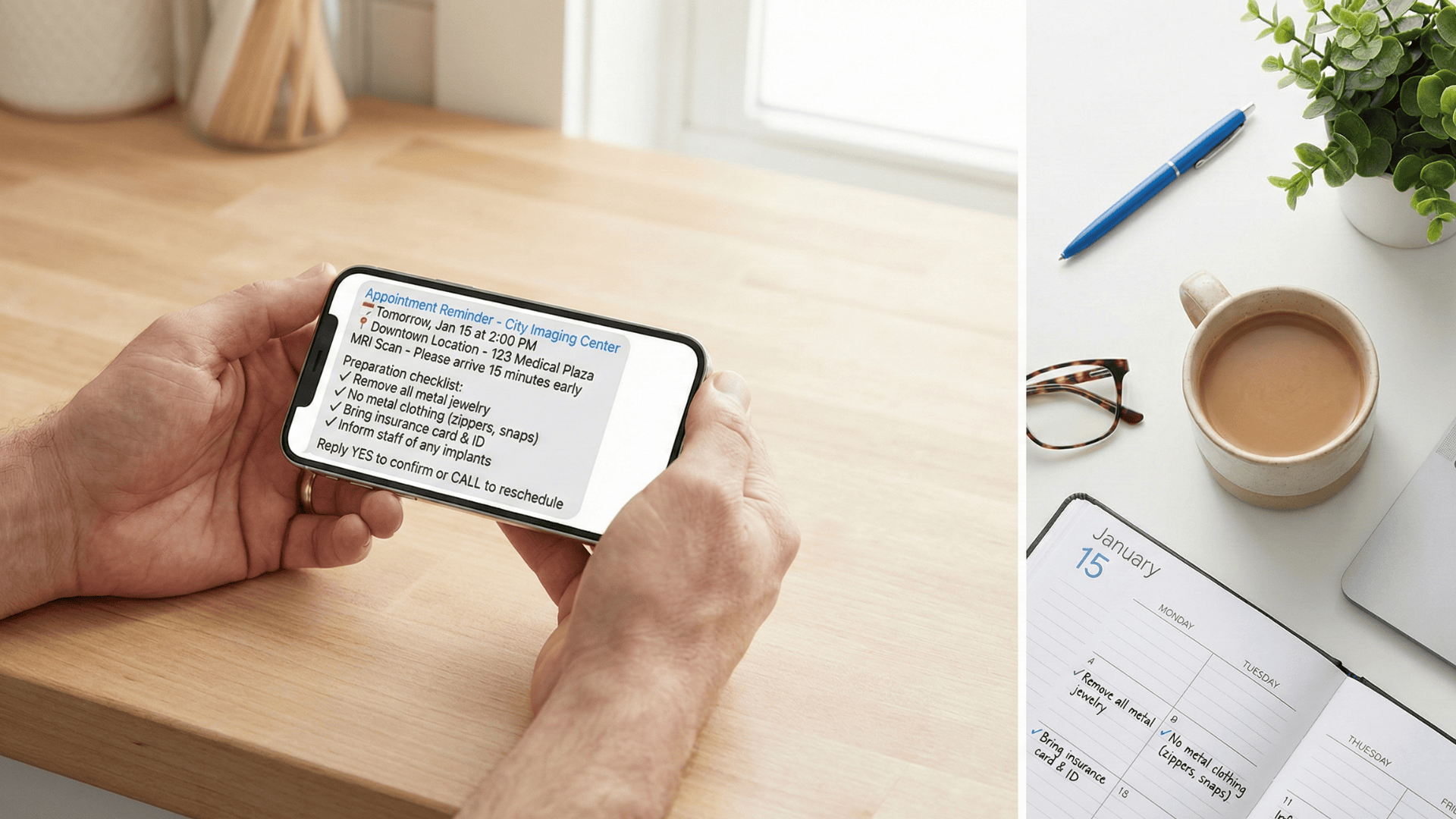 Patient viewing detailed MRI appointment reminder with preparation checklist on smartphone