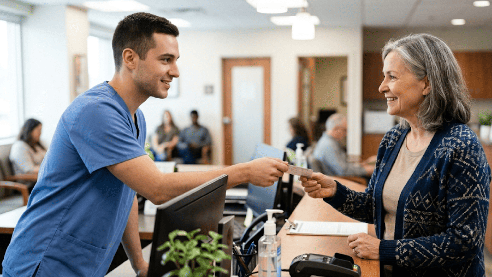 Receptionist handing a patient a review request card at a medical office checkout counter
