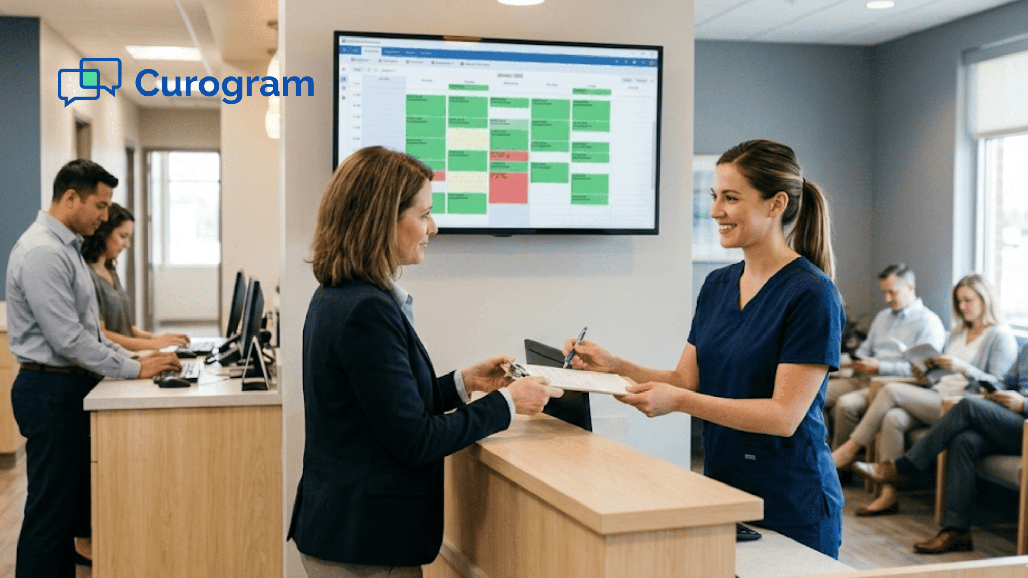 Full appointment schedule on monitor at busy medical practice front desk