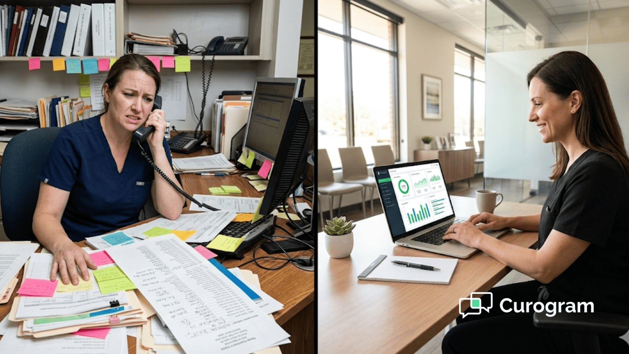 Medical office staff overwhelmed by phone recall vs calm administrator using SMS recall dashboard