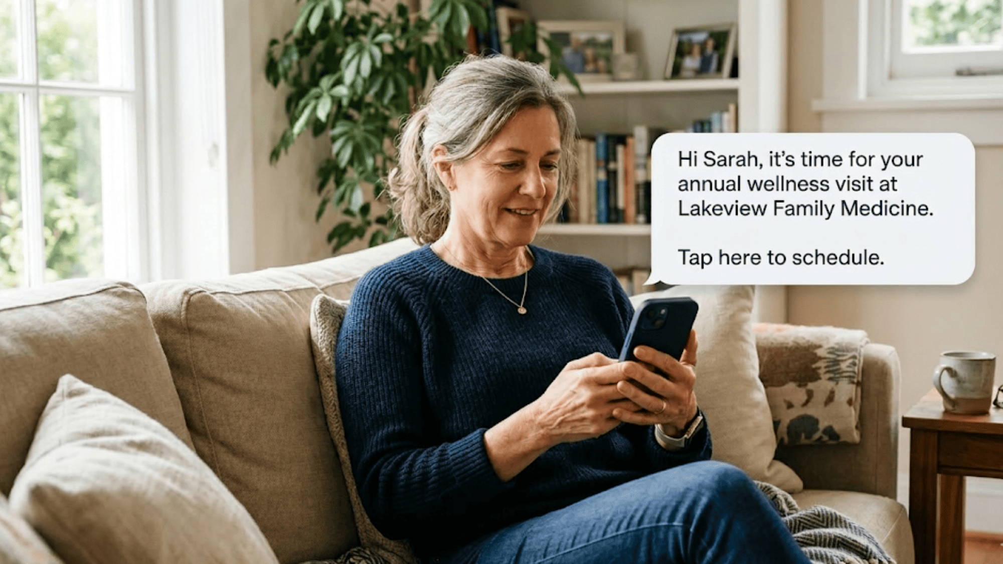 Patient on couch reading SMS recall message about scheduling an annual wellness visit on smartphone