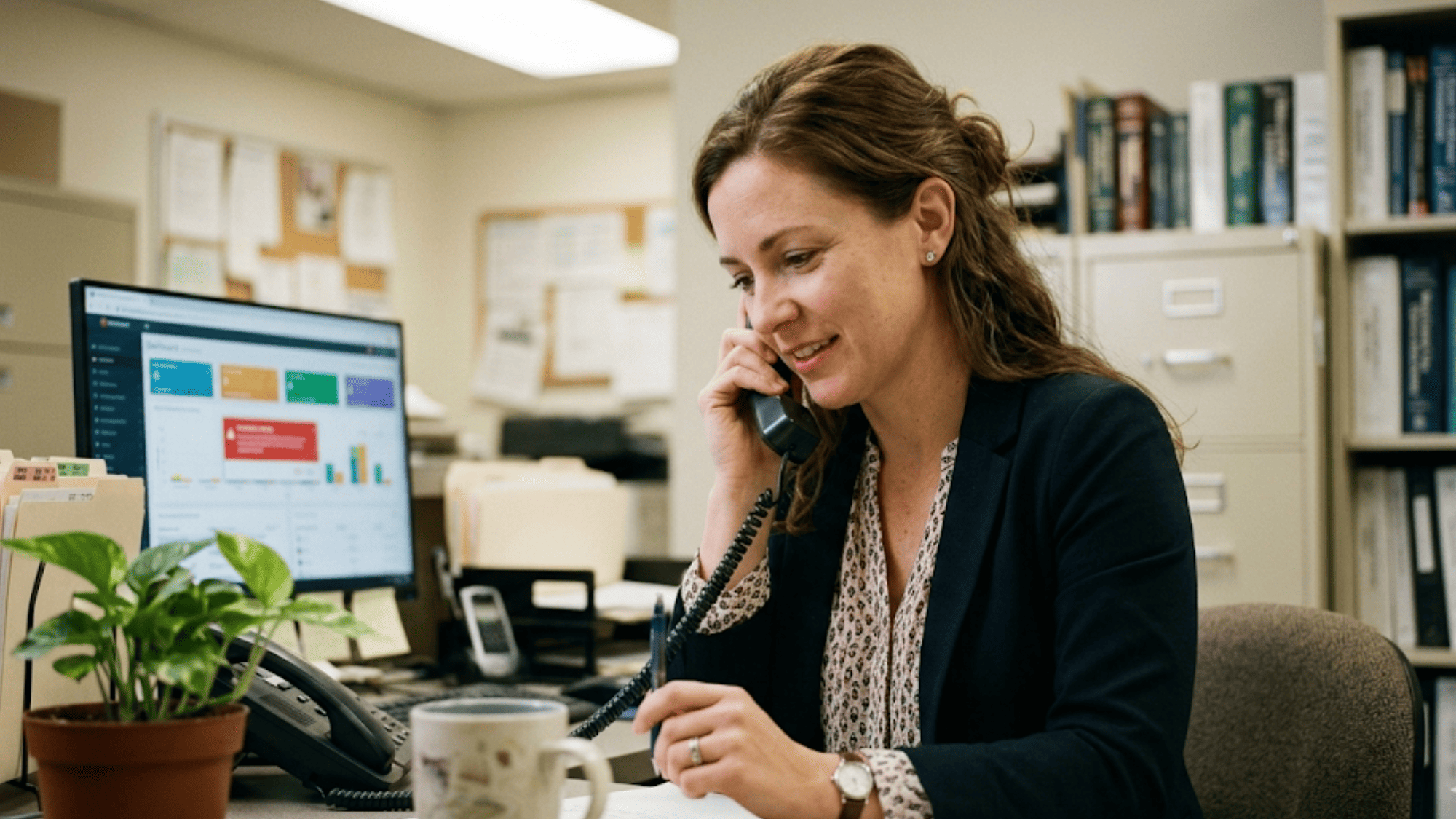 Photo of a clinic office manager listening to a patient concern over the phone at her desk