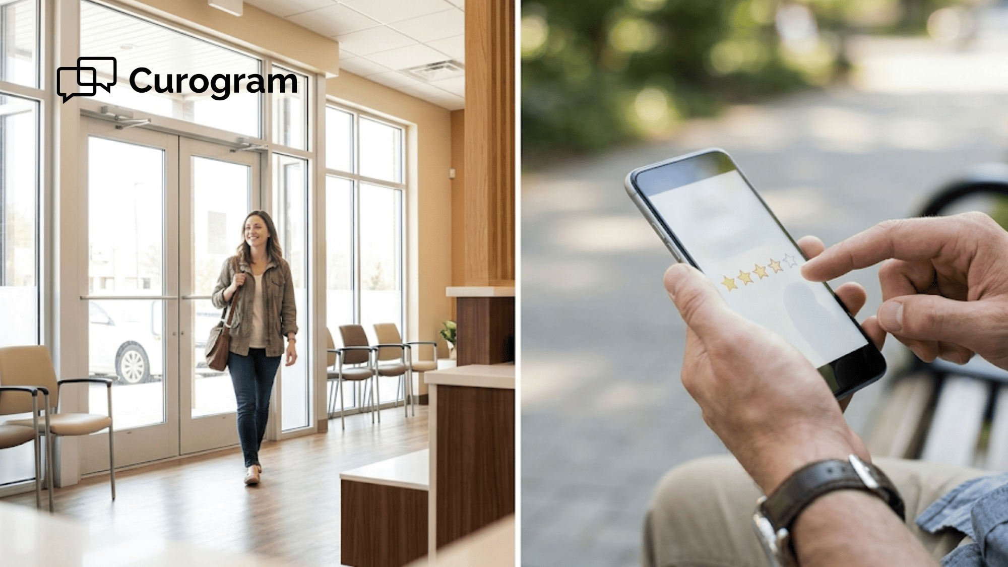 Patient leaving urgent care clinic and tapping Google review on smartphone after a positive visit