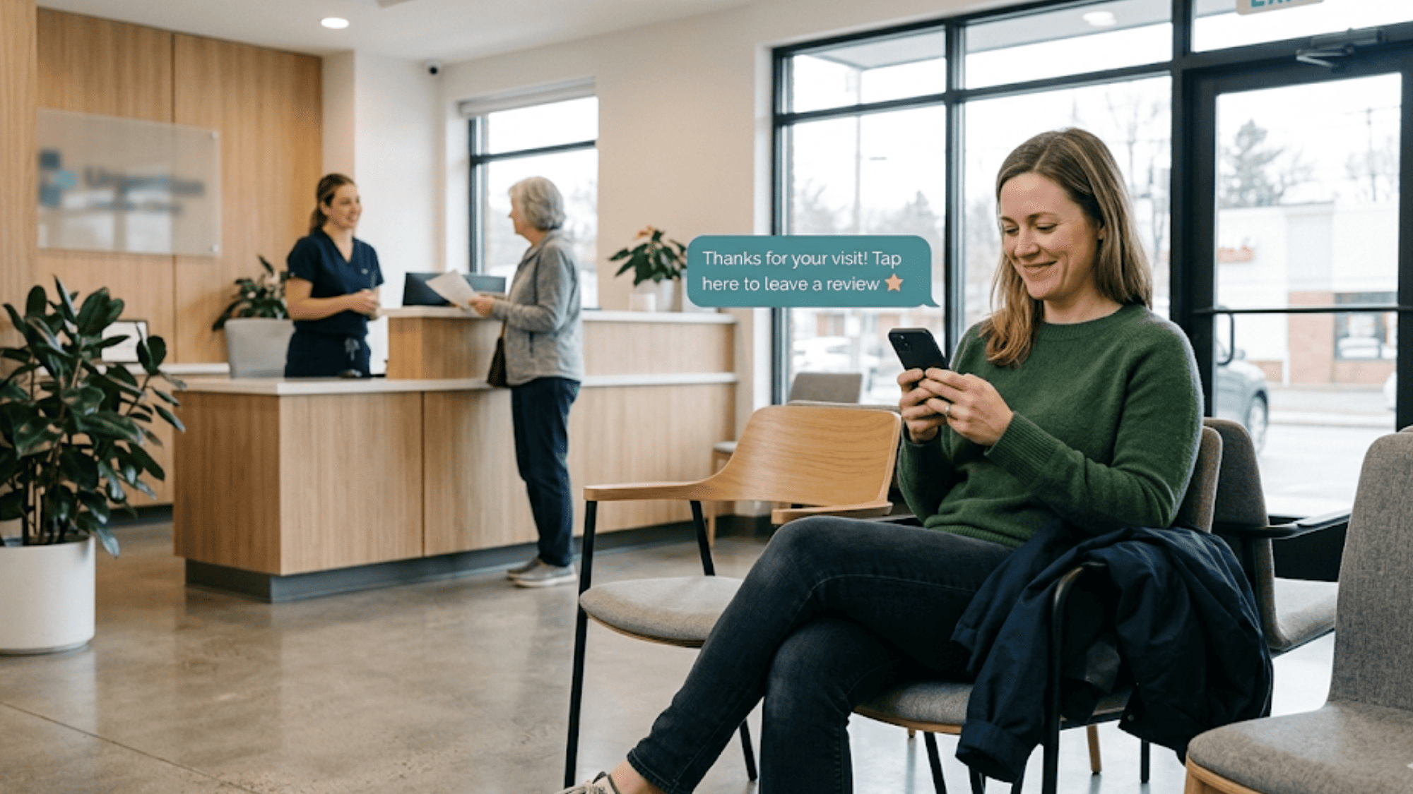 Patient sitting in urgent care lobby looking at phone with floating post-visit SMS review request notification