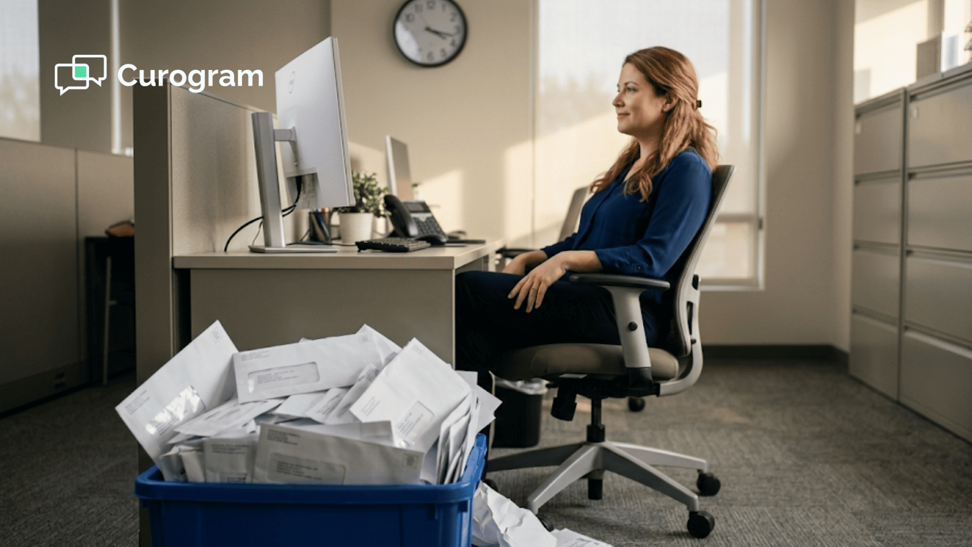Medical billing office with recycling bin full of unopened patient statements and relaxed staff member at desk