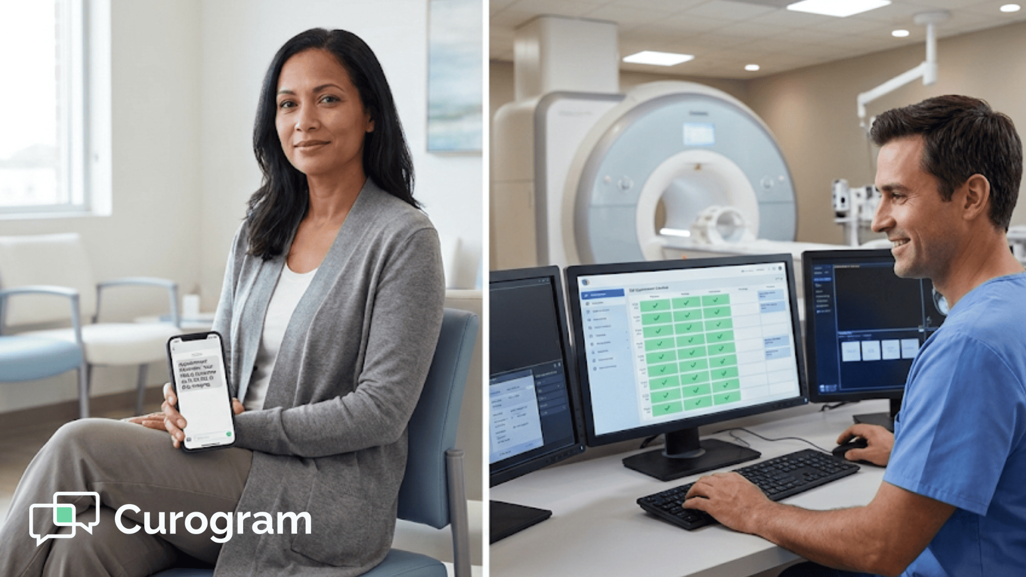Split image showing prepared patient with phone reminder and radiology staff managing StreamlineMD appointments