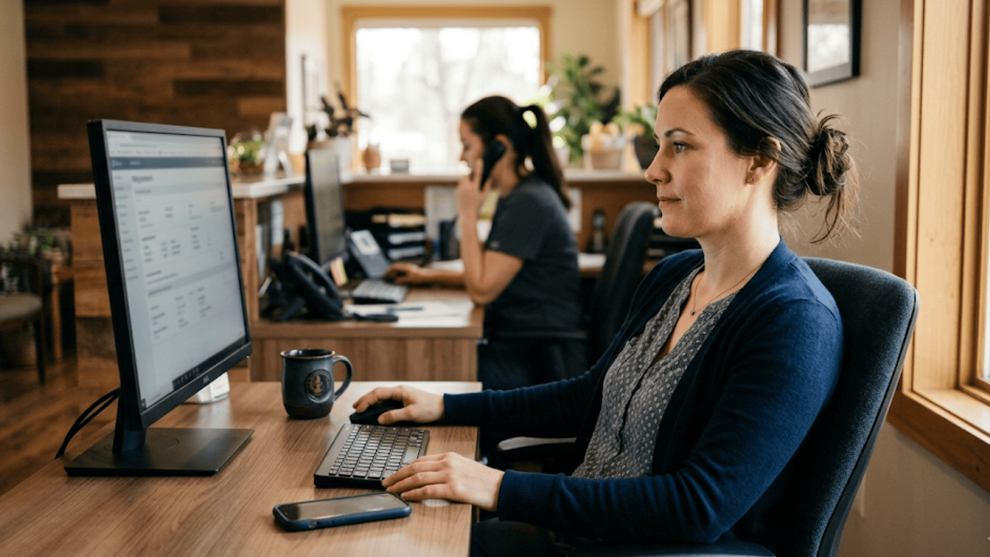Medical practice billing manager working at a clutter-free desk