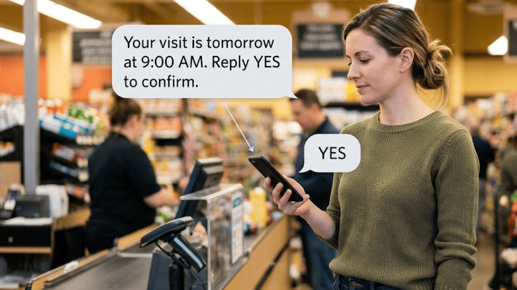 Patient in a grocery line confirming an appointment by text