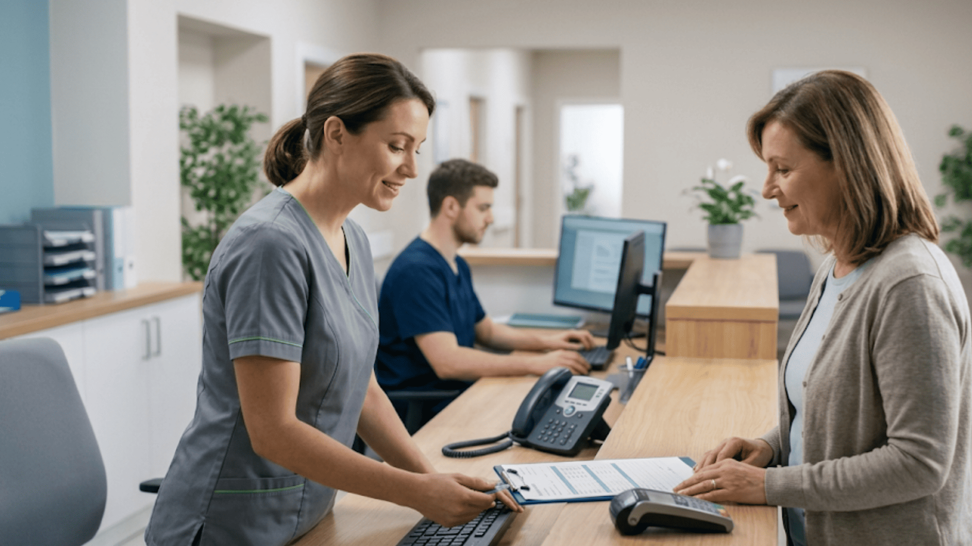 Calm clinic front desk with staff focused on a patient