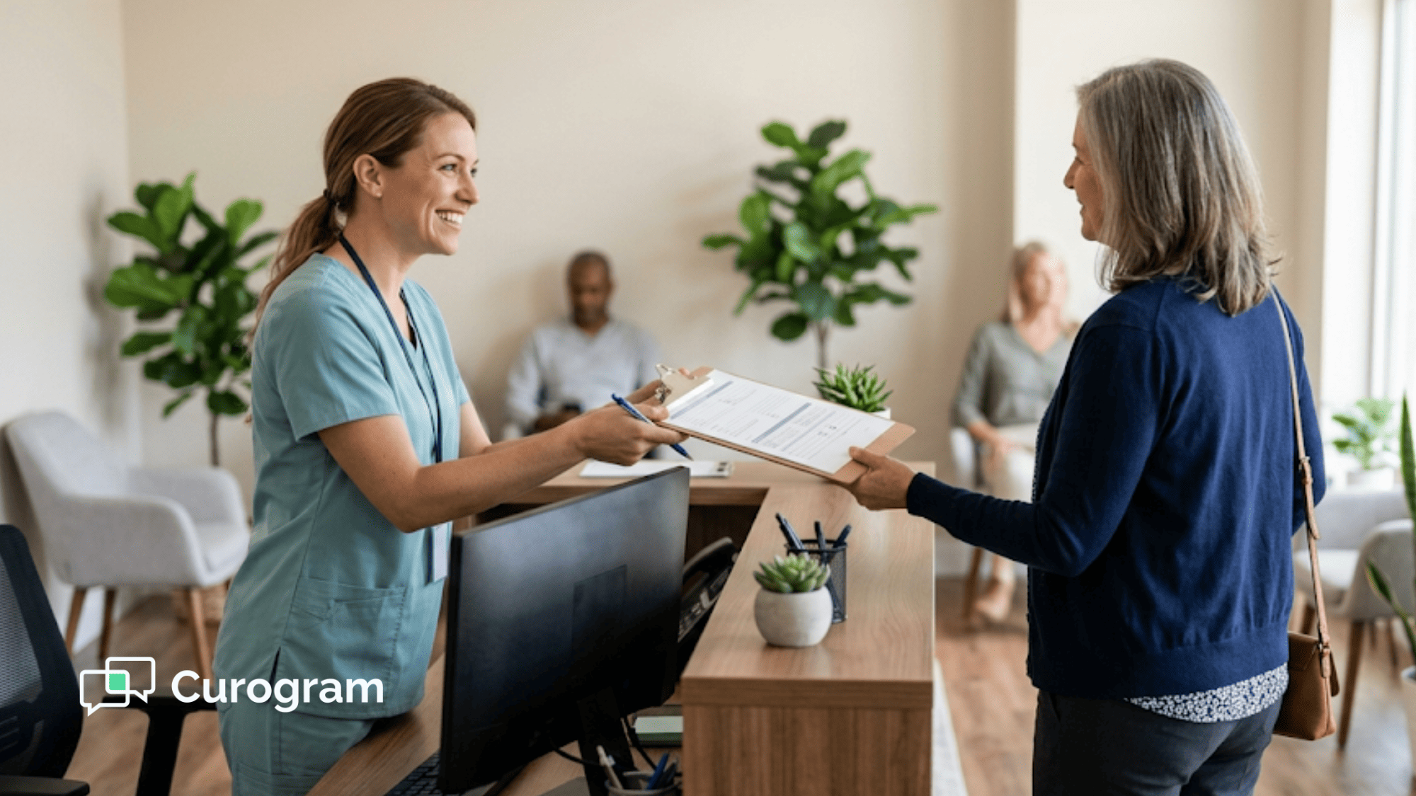 Smiling receptionist checking out a satisfied patient at a Lytec medical practice front desk