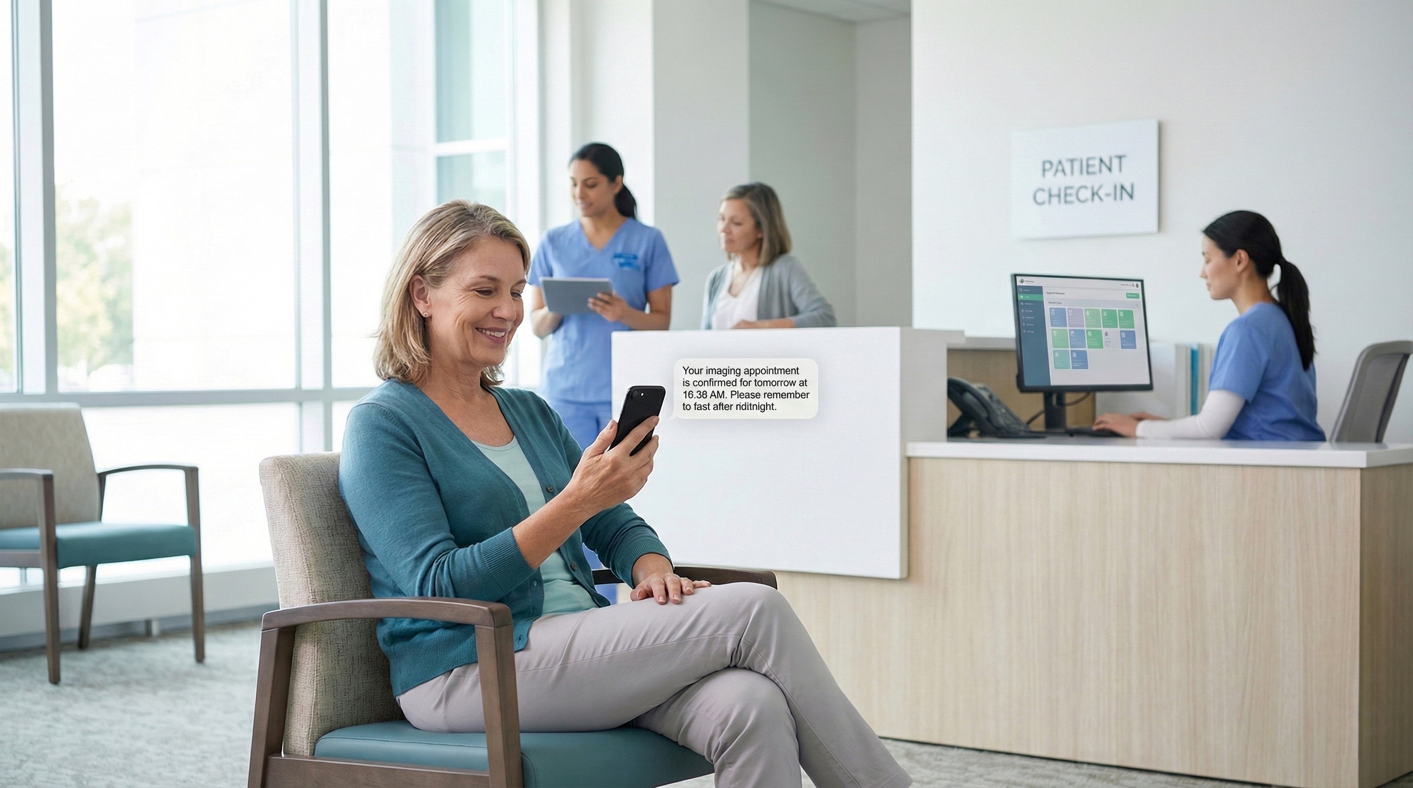 Patient receiving an imaging appointment reminder by text in a modern radiology center, highlighting clear communication and a smooth check-in experience.