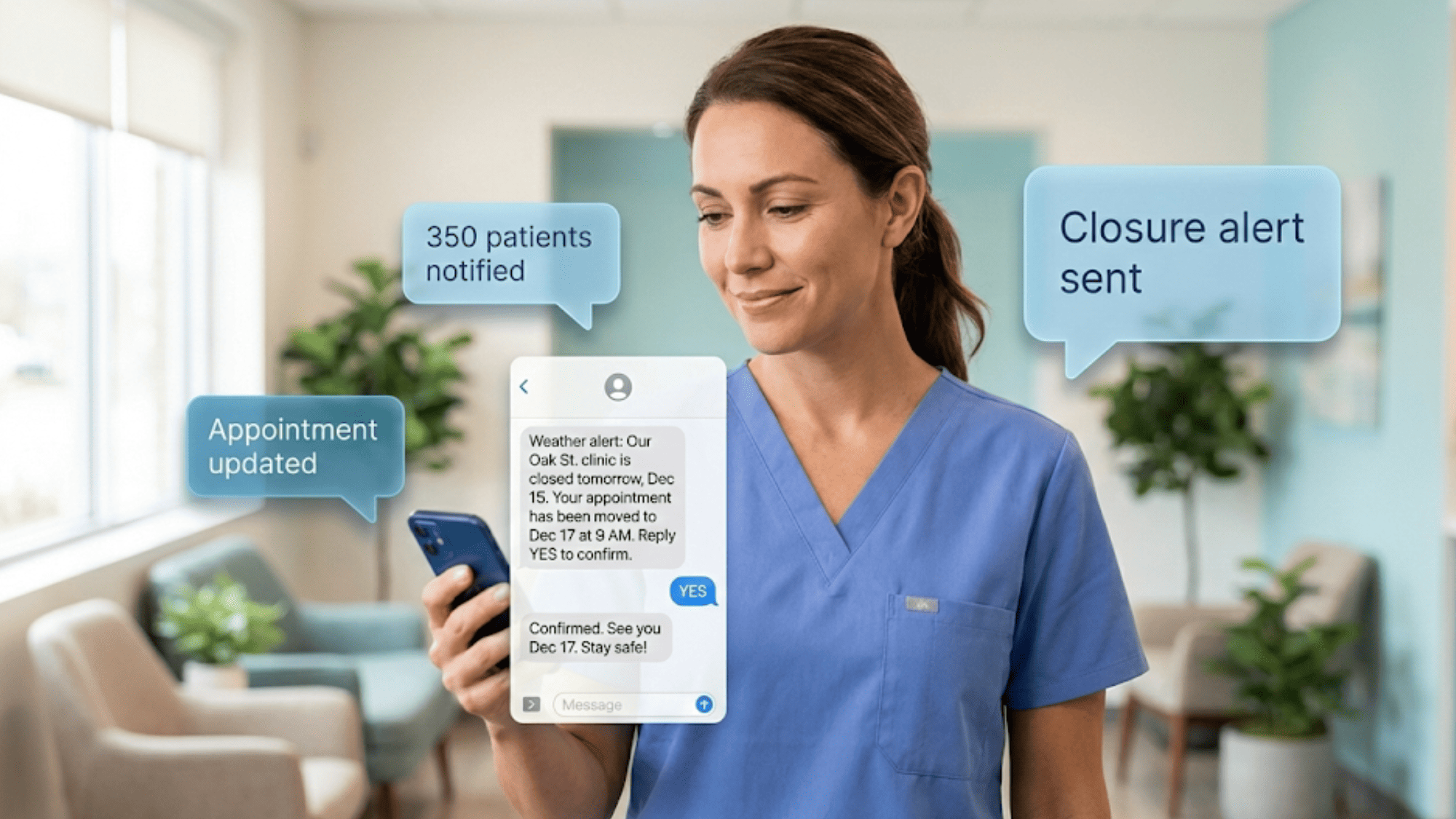 Healthcare worker holding a smartphone showing an SMS conversation about a clinic closure and rescheduled appointment