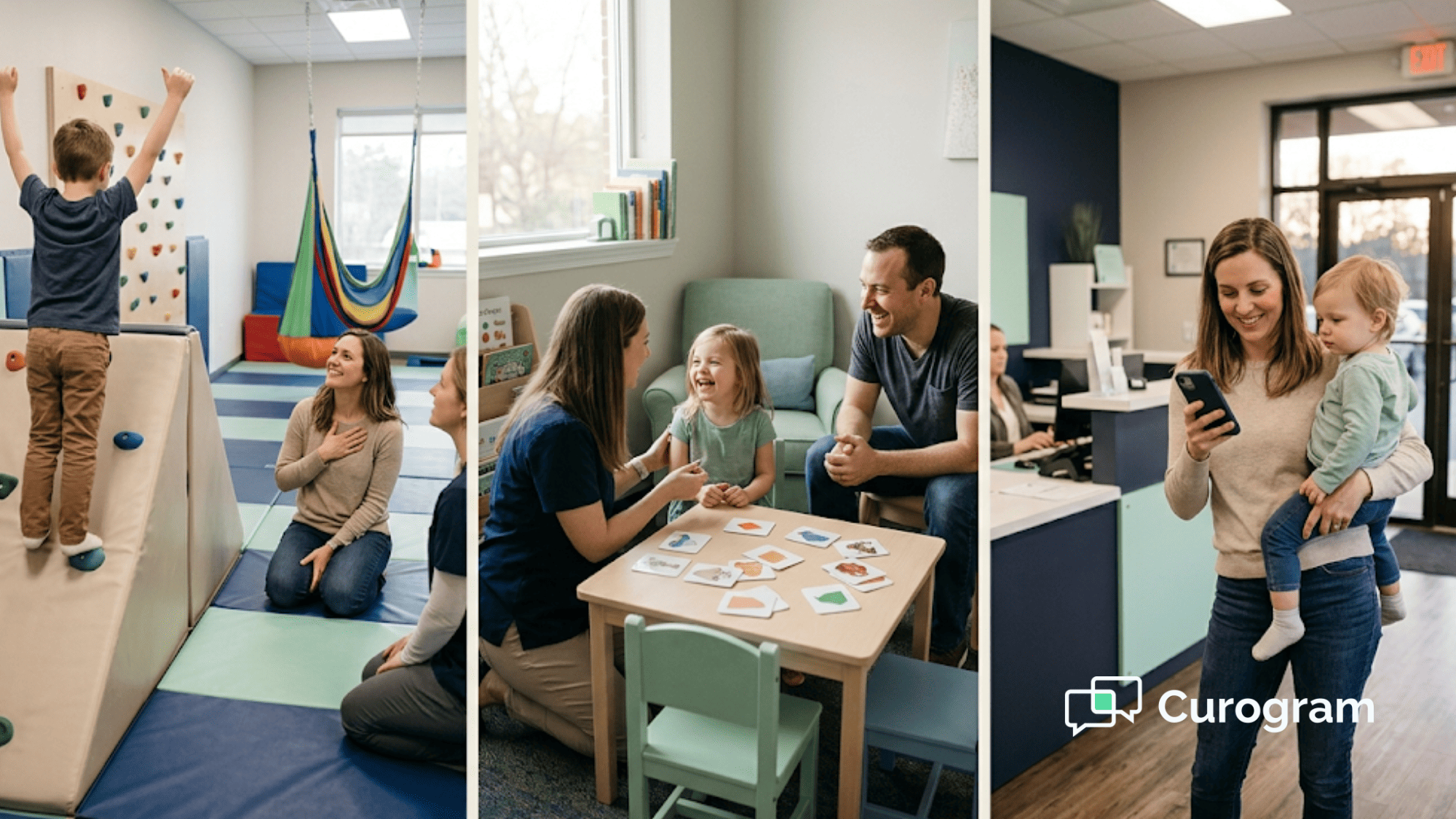 Parents watch their children reach therapy milestones at three different pediatric therapy clinics
