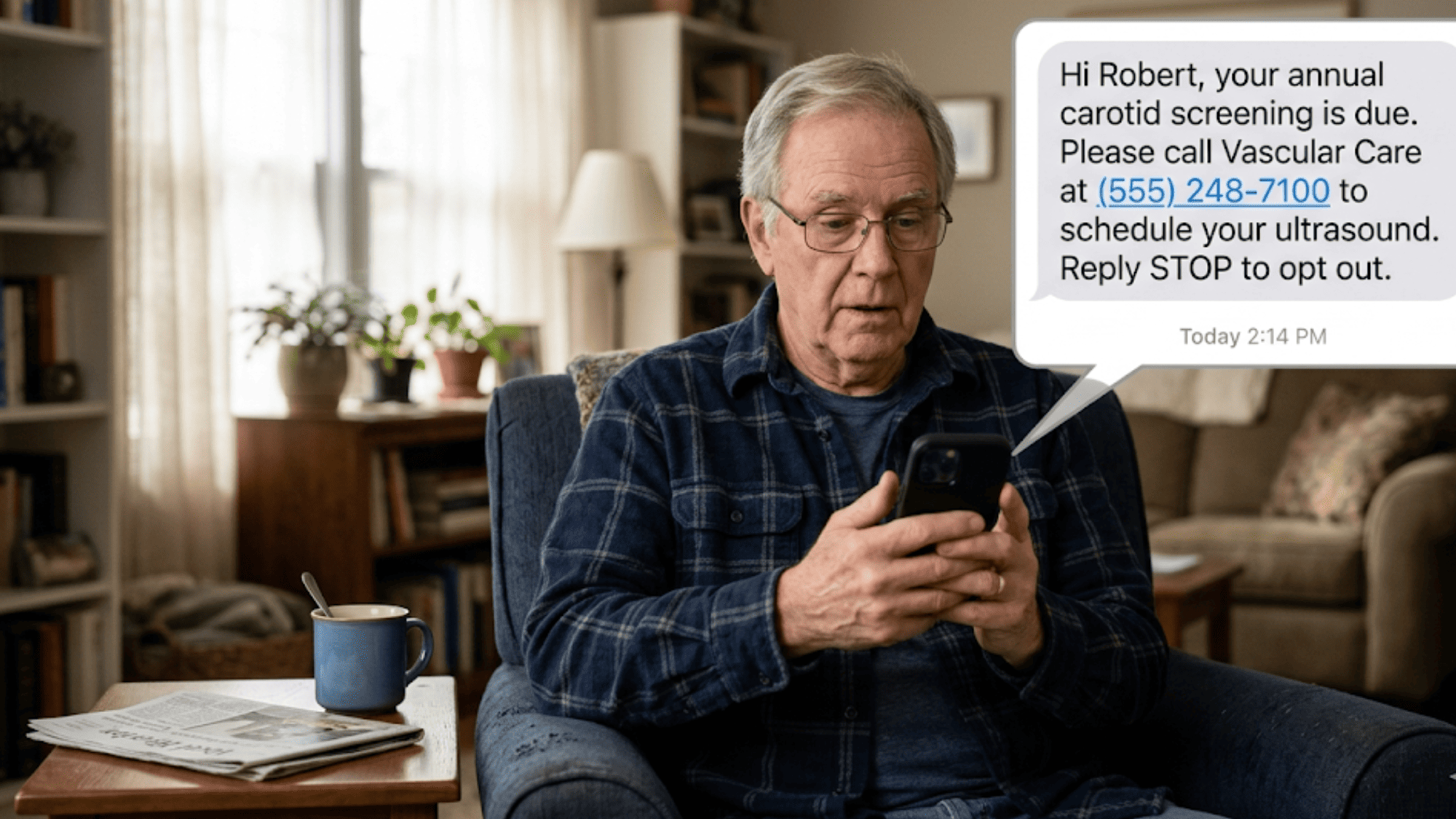 Elderly man reading SMS recall reminder for carotid screening on his smartphone at home