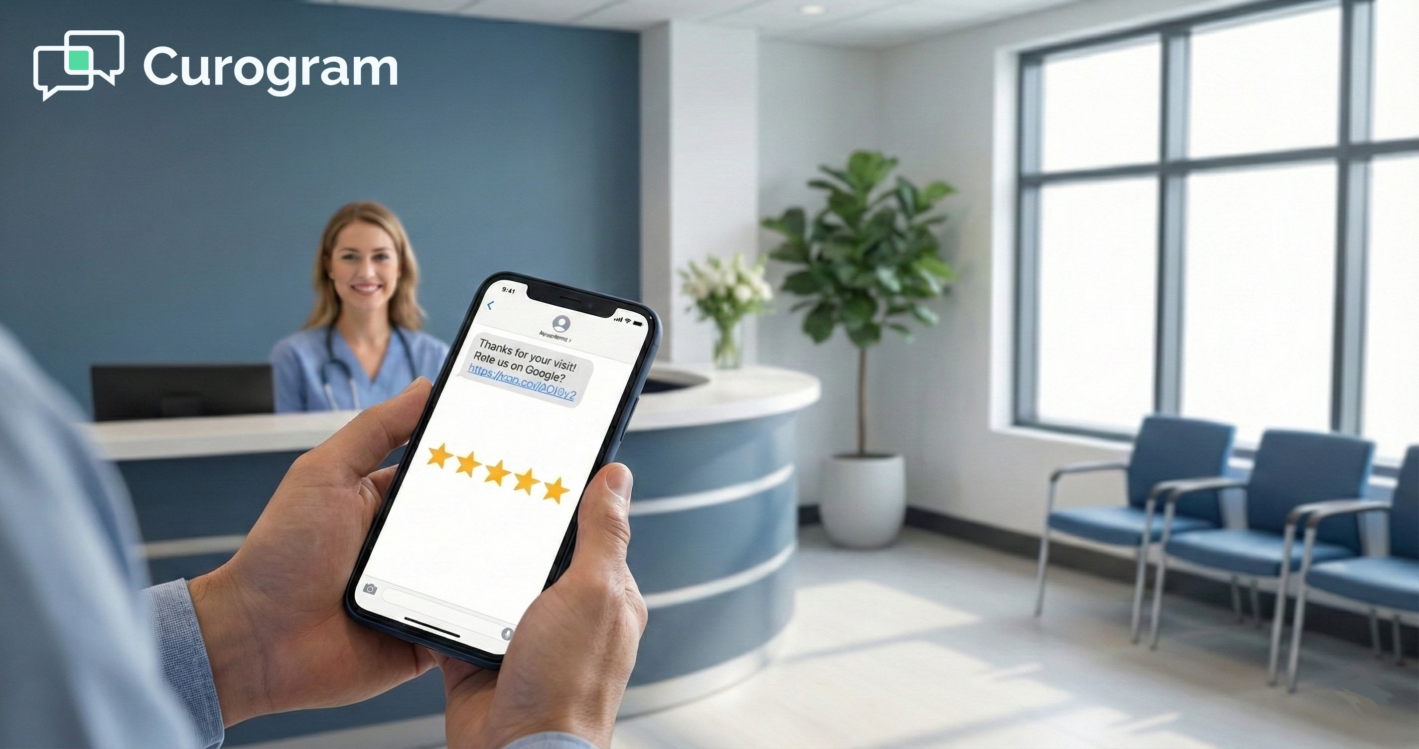 Medical practice receptionist and patient with a phone showing an automated Google review request