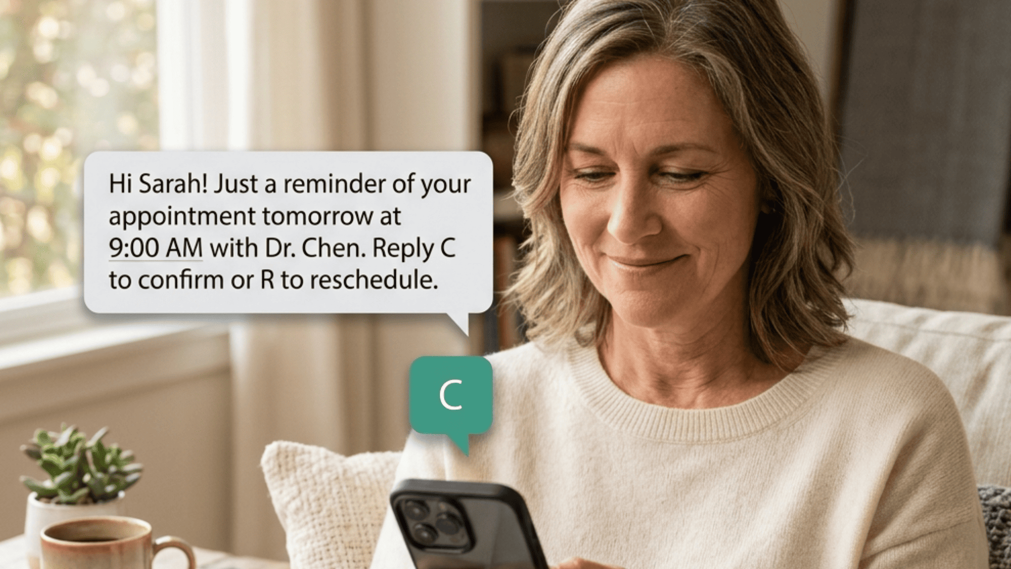 Woman replying to an automated SMS appointment confirmation from her functional medicine clinic