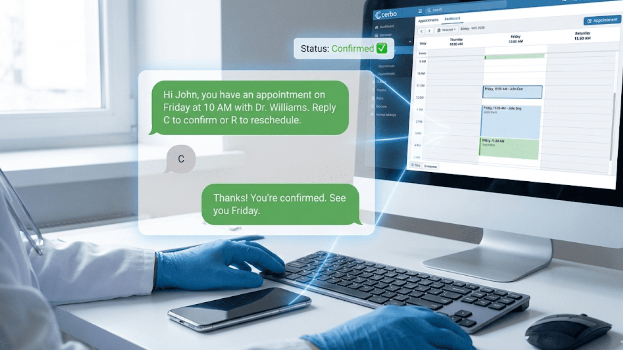 Two-way SMS conversation syncs with Cerbo EMR scheduling dashboard in real time