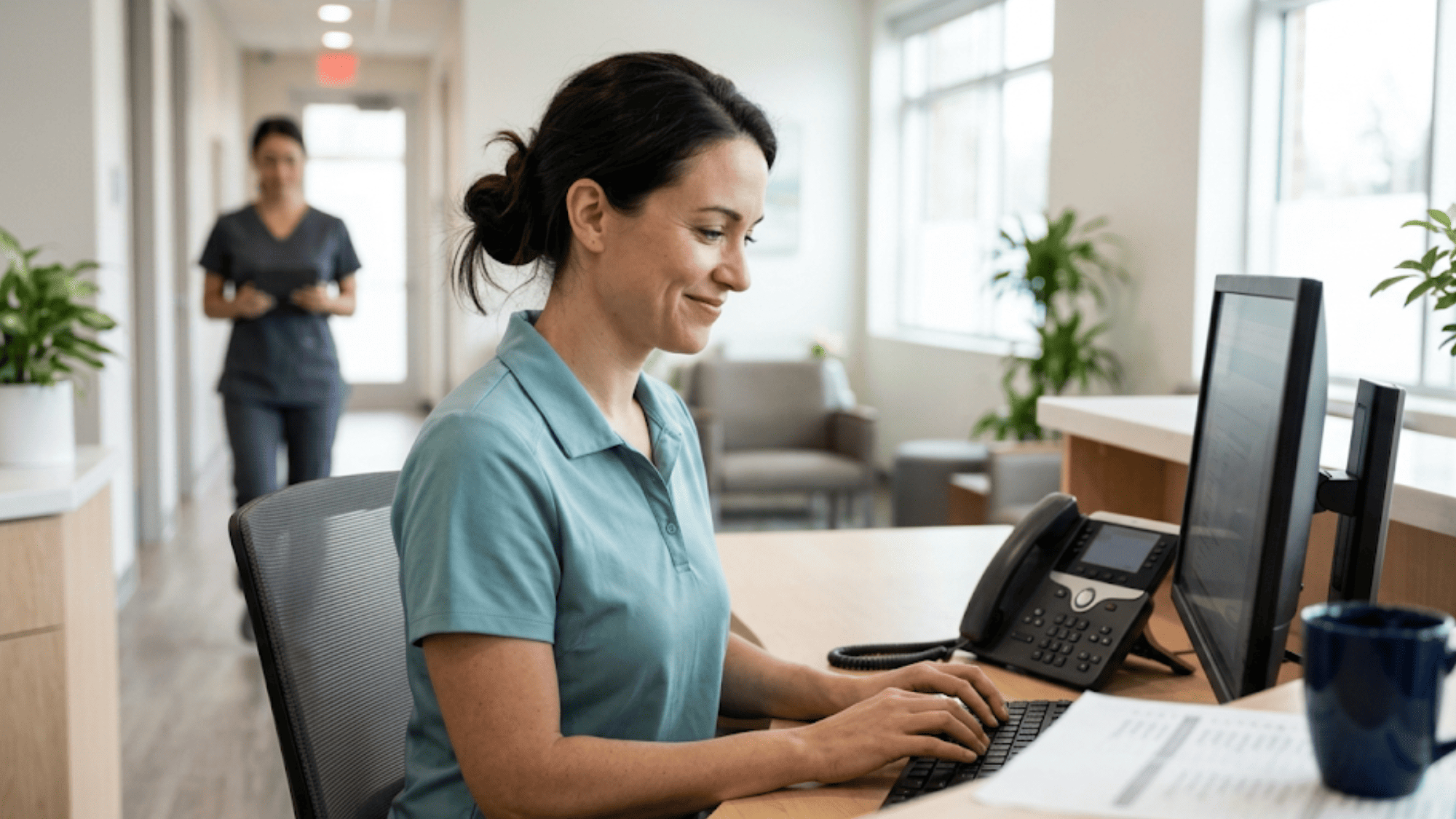 Clinic receptionist reviewing a confirmation dashboard while the desk phone and printed appointment list sit unused