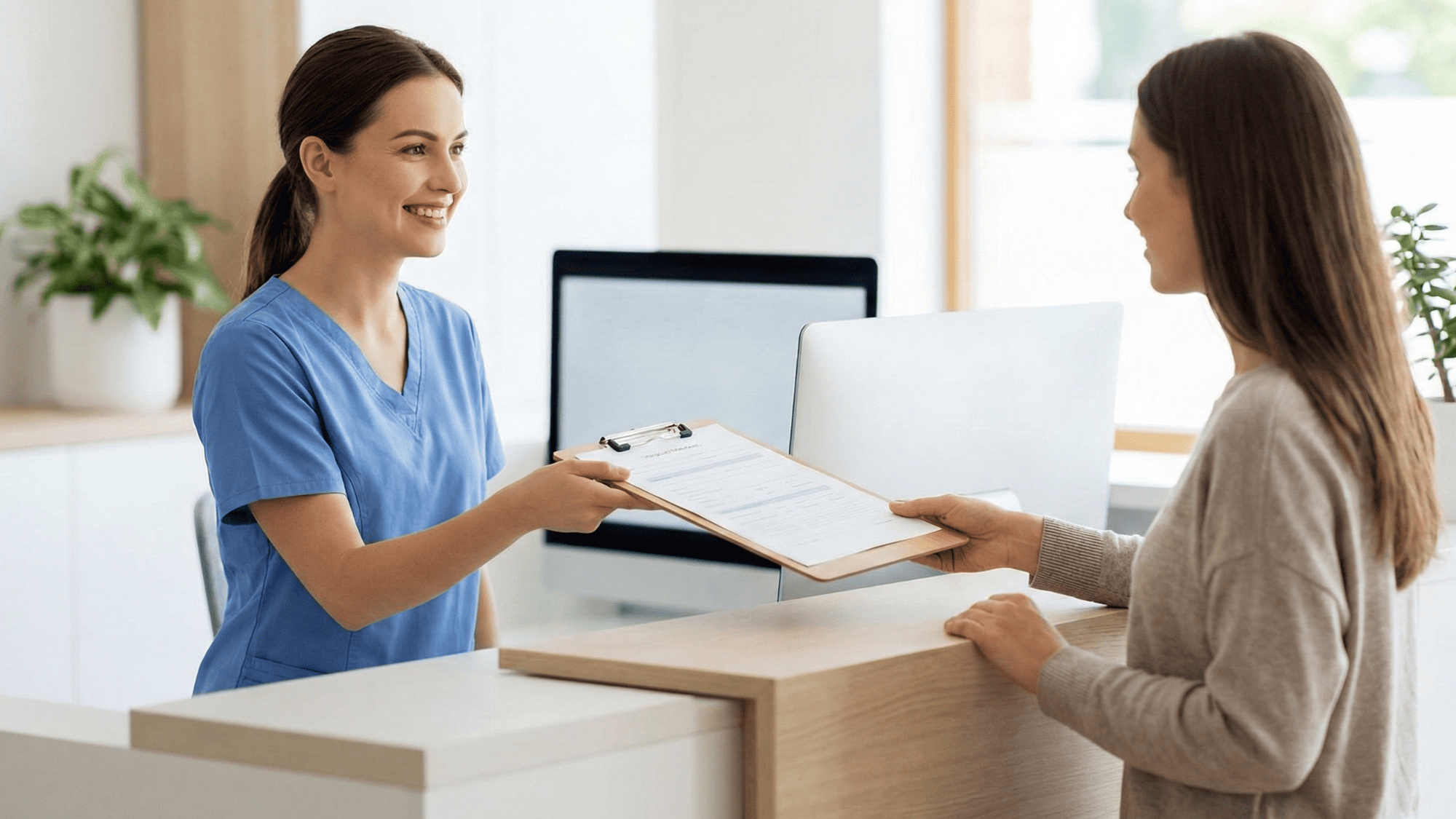 Medical front desk receptionist greeting a patient at a calm and organized clinic check-in counter