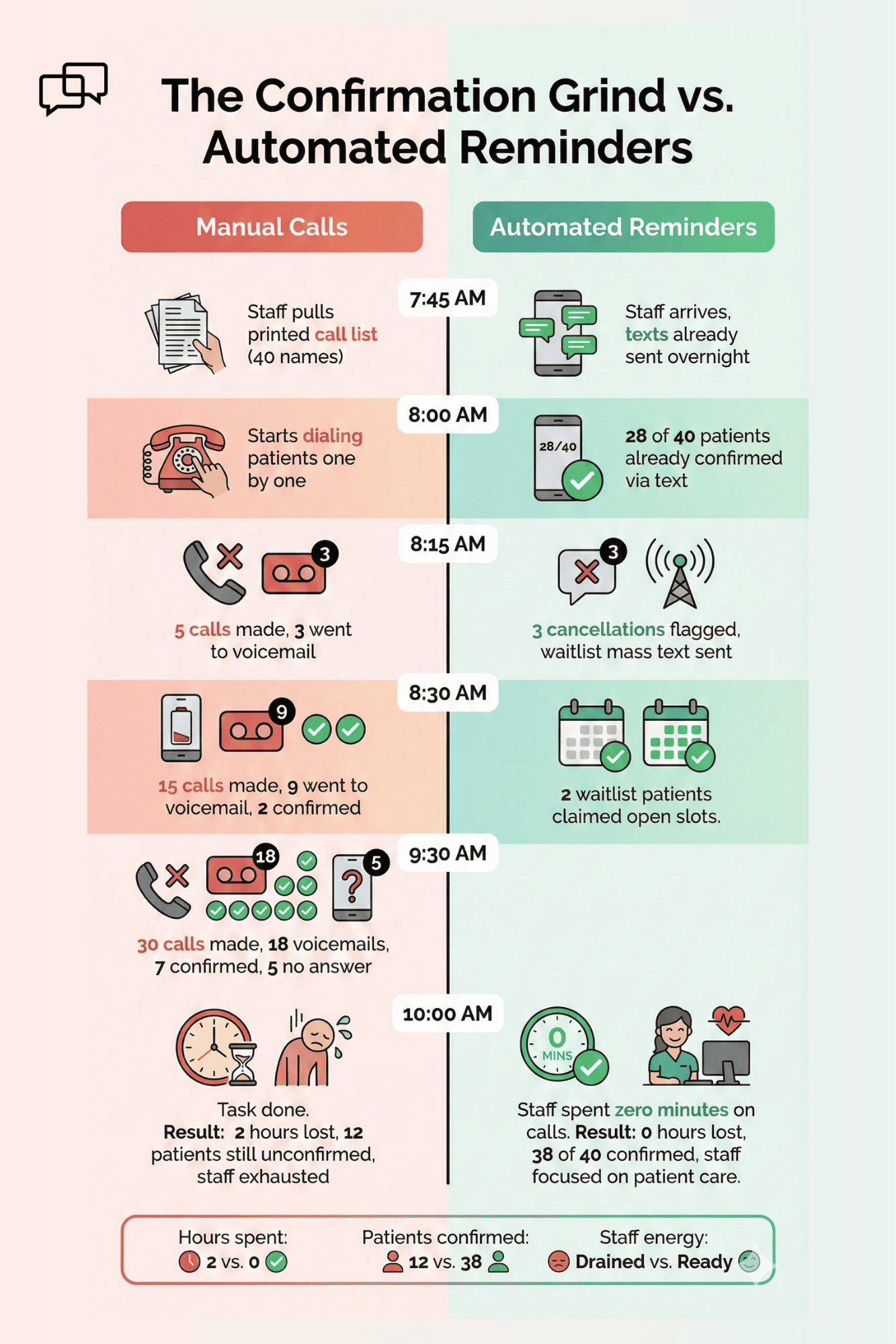 Visual comparison of staff hours lost to phone calls versus time saved with automated MD Systems reminders