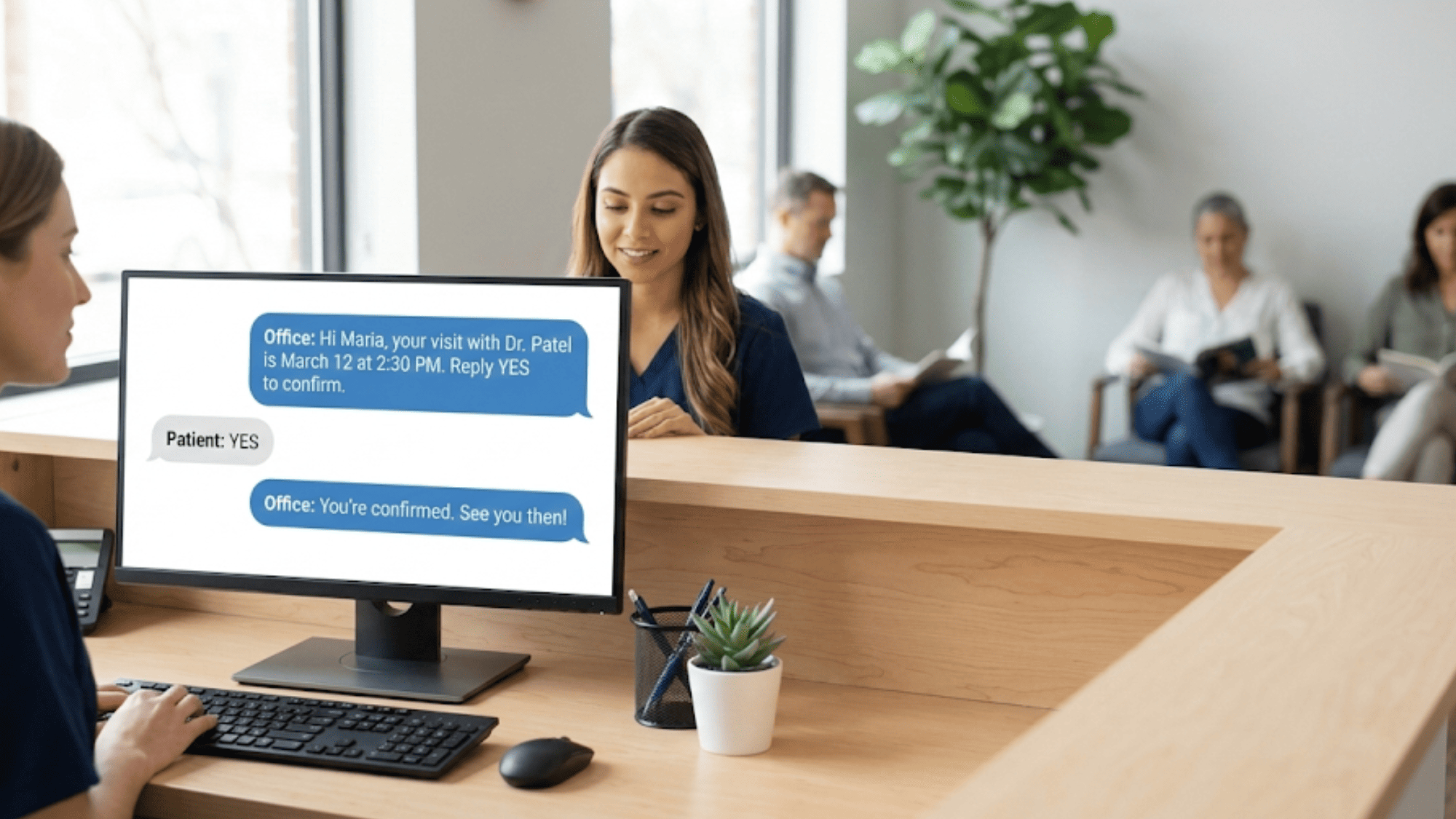 Medical receptionist viewing two-way automated text conversation with a patient on screen