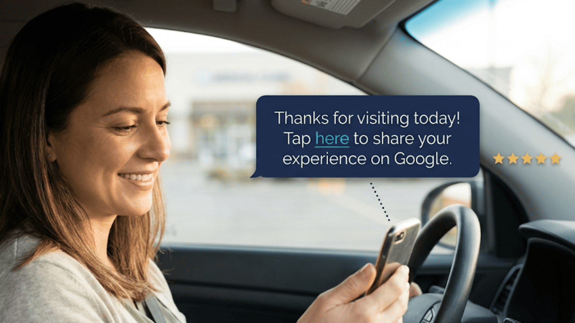Patient in a parked car receiving an automated post-visit text message asking her to share a Google review