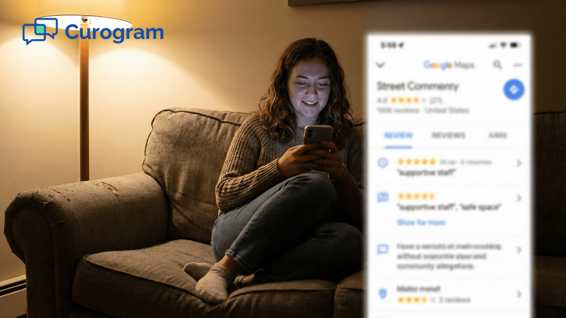 Young woman on couch at night reading Google Reviews for a pregnancy center on her phone