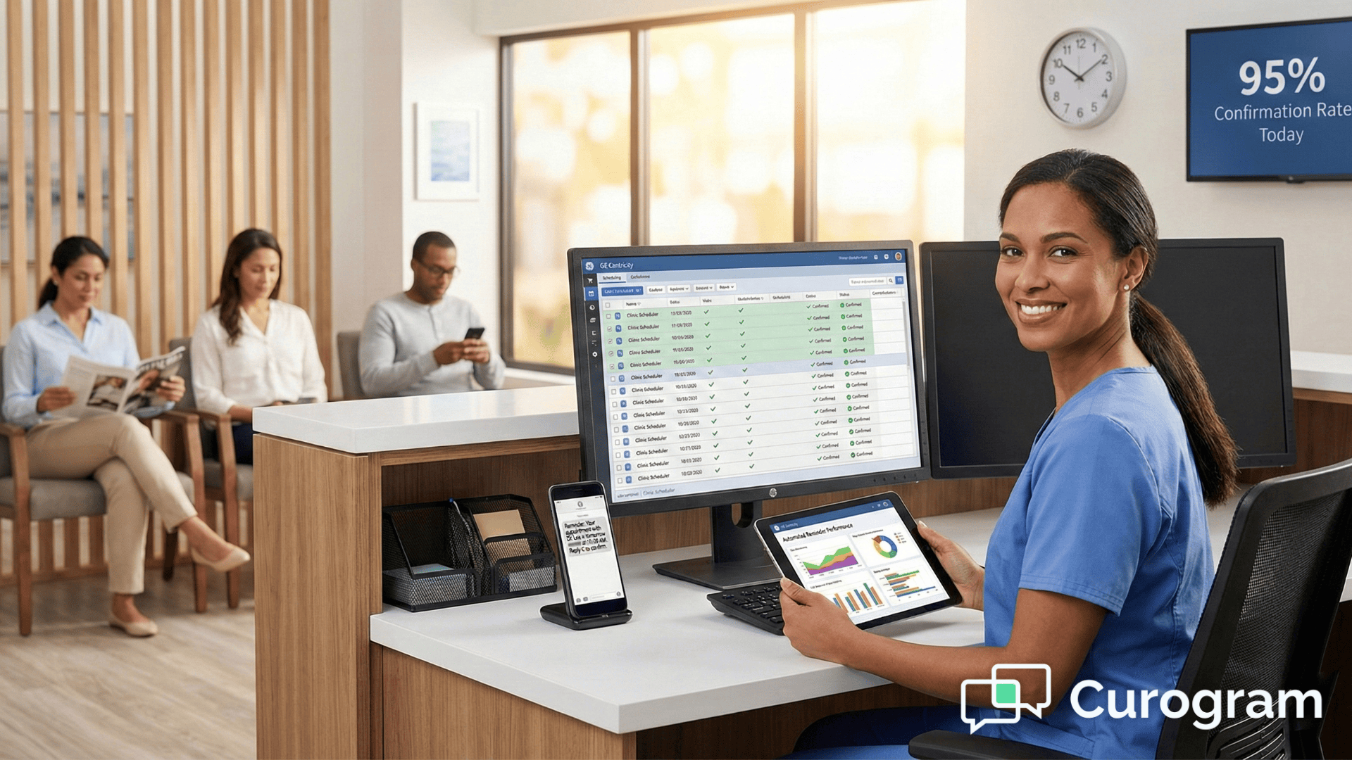 Healthcare staff member using GE Centricity automated reminder system at organized clinic desk