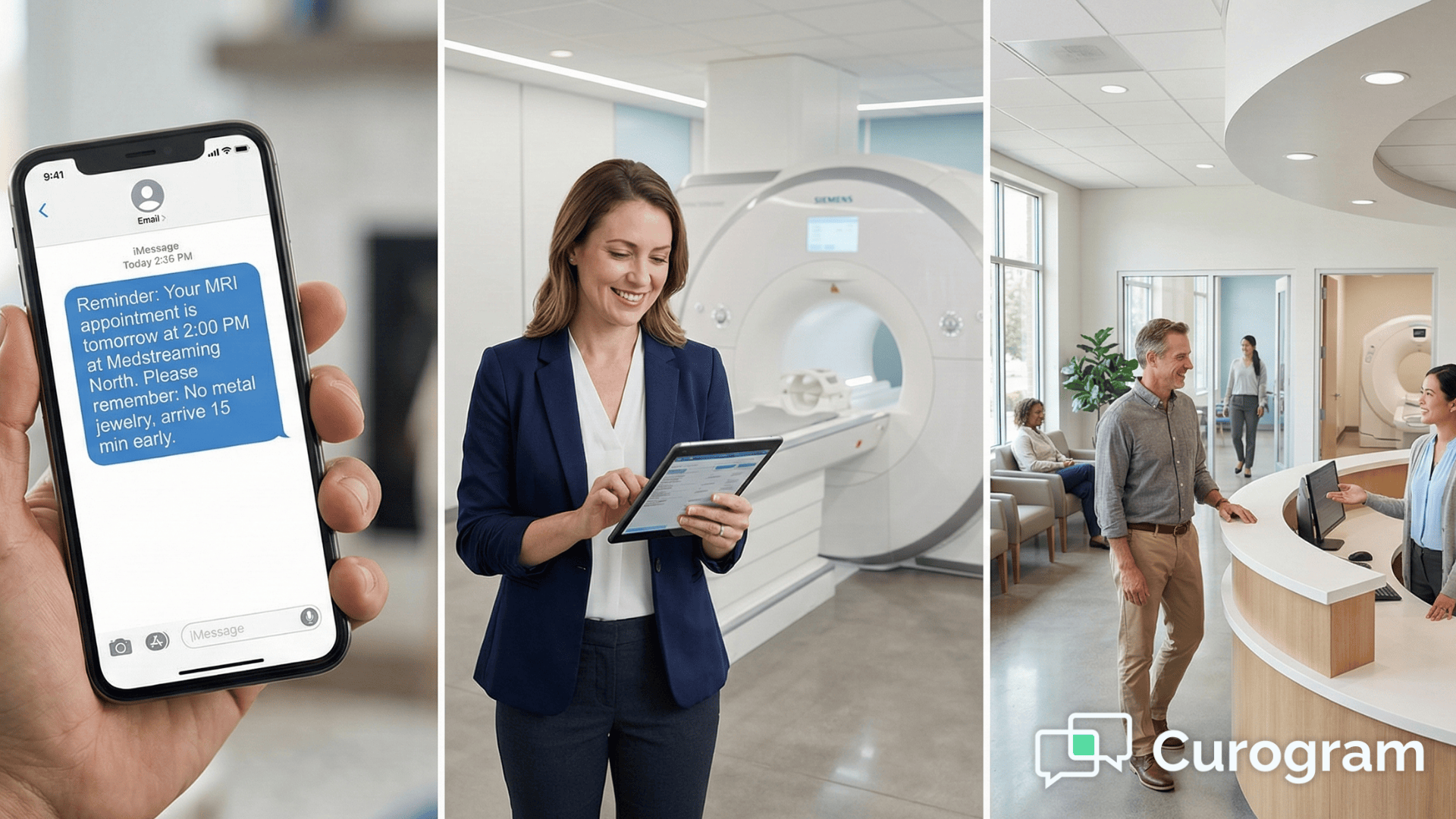 Medical imaging center staff using automated appointment reminders with patient checking phone