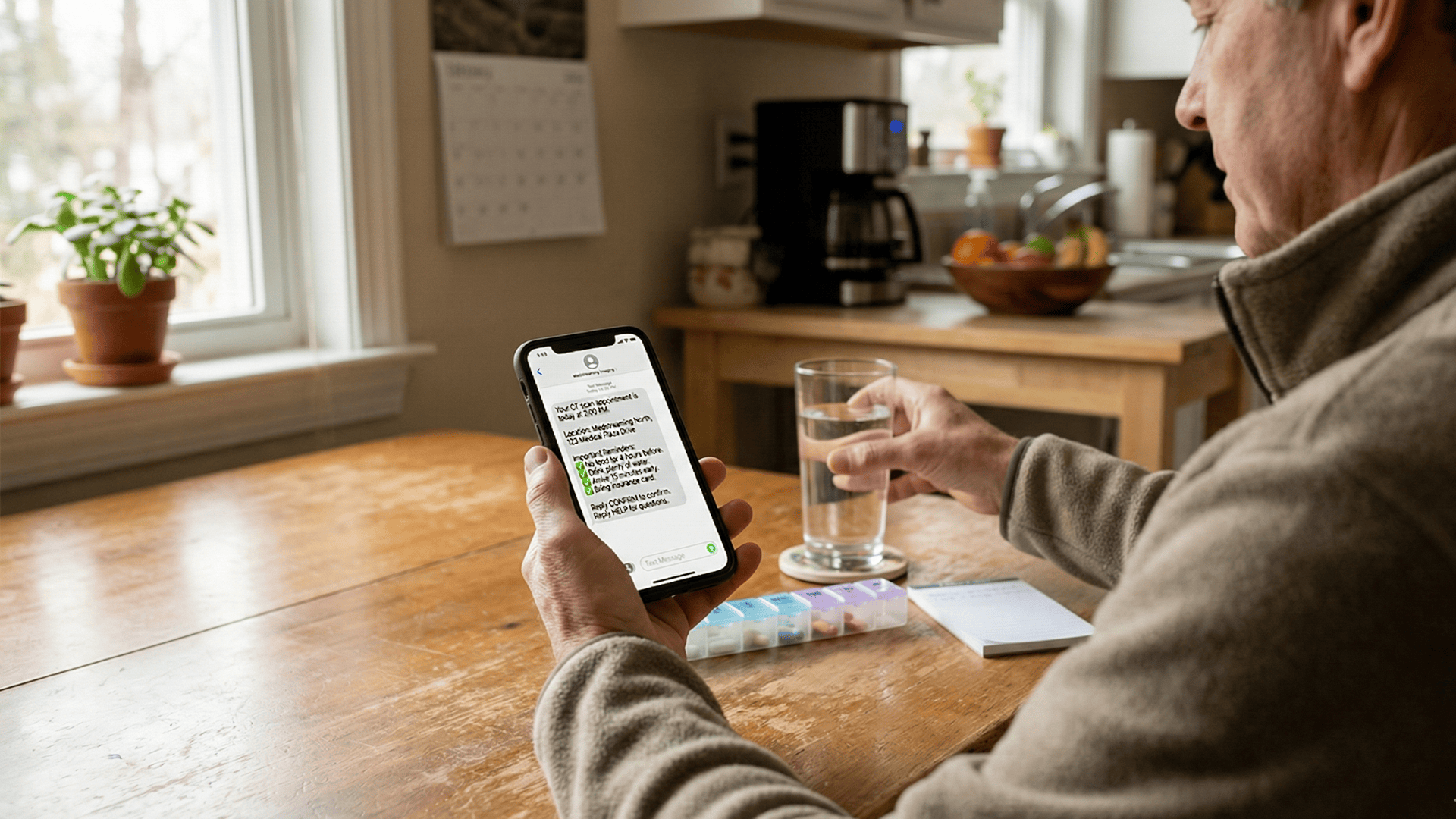 Patient checking SMS appointment reminder with prep instructions on smartphone at home