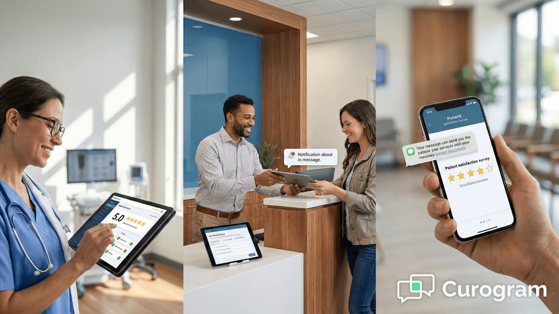Medical professional managing automated reputation workflow on tablet showing 5-star ratings