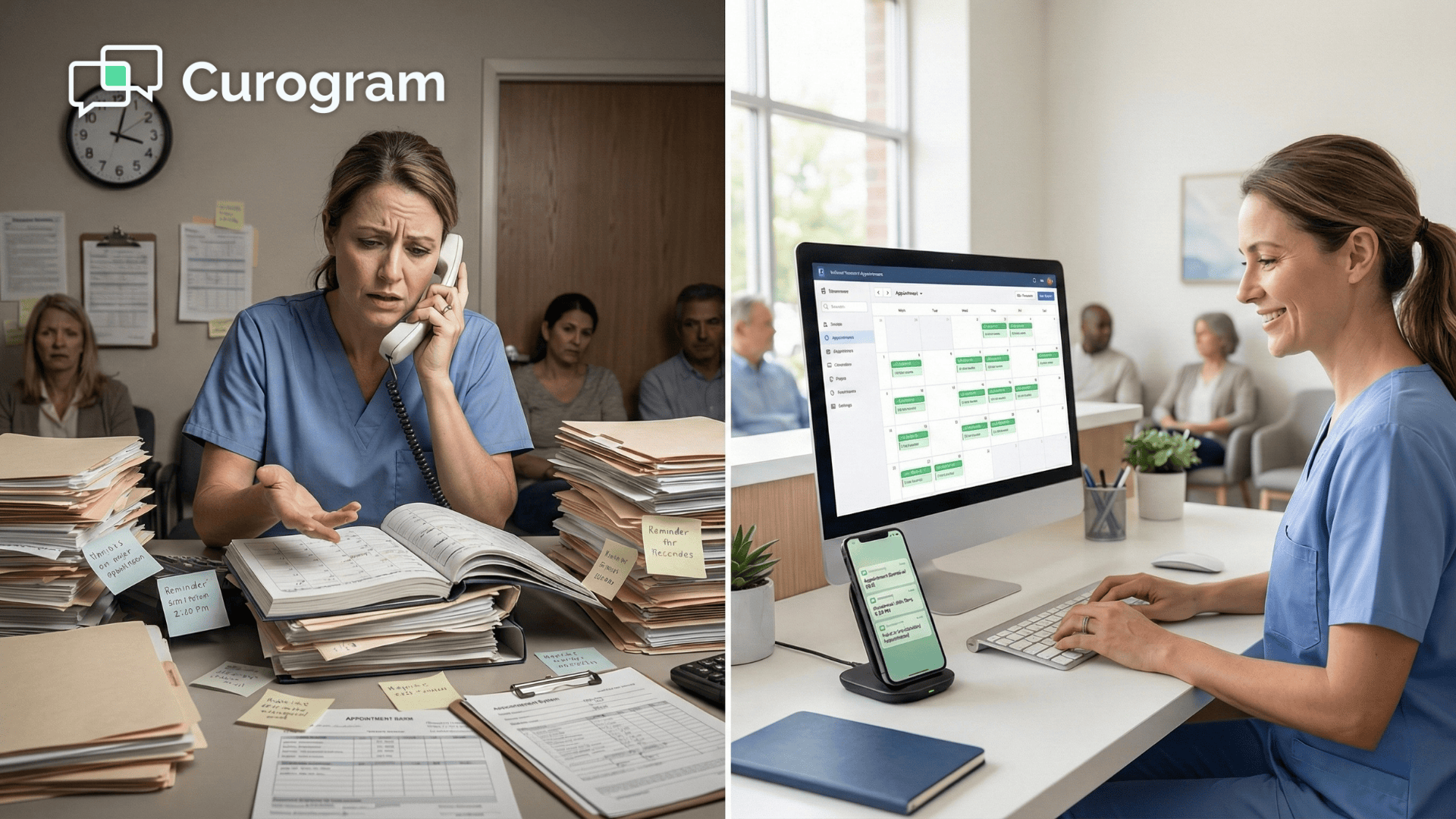 Medical receptionist comparing phone confirmations to automated CureMD appointment reminders