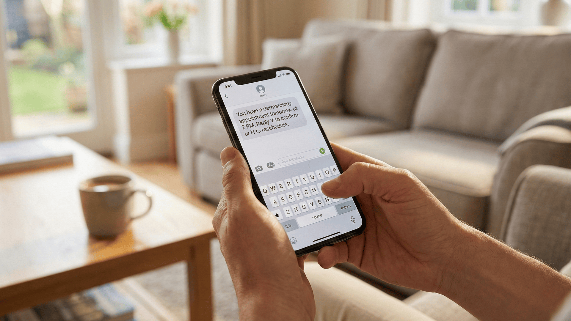 Patient confirming dermatology appointment via text message on smartphone at home