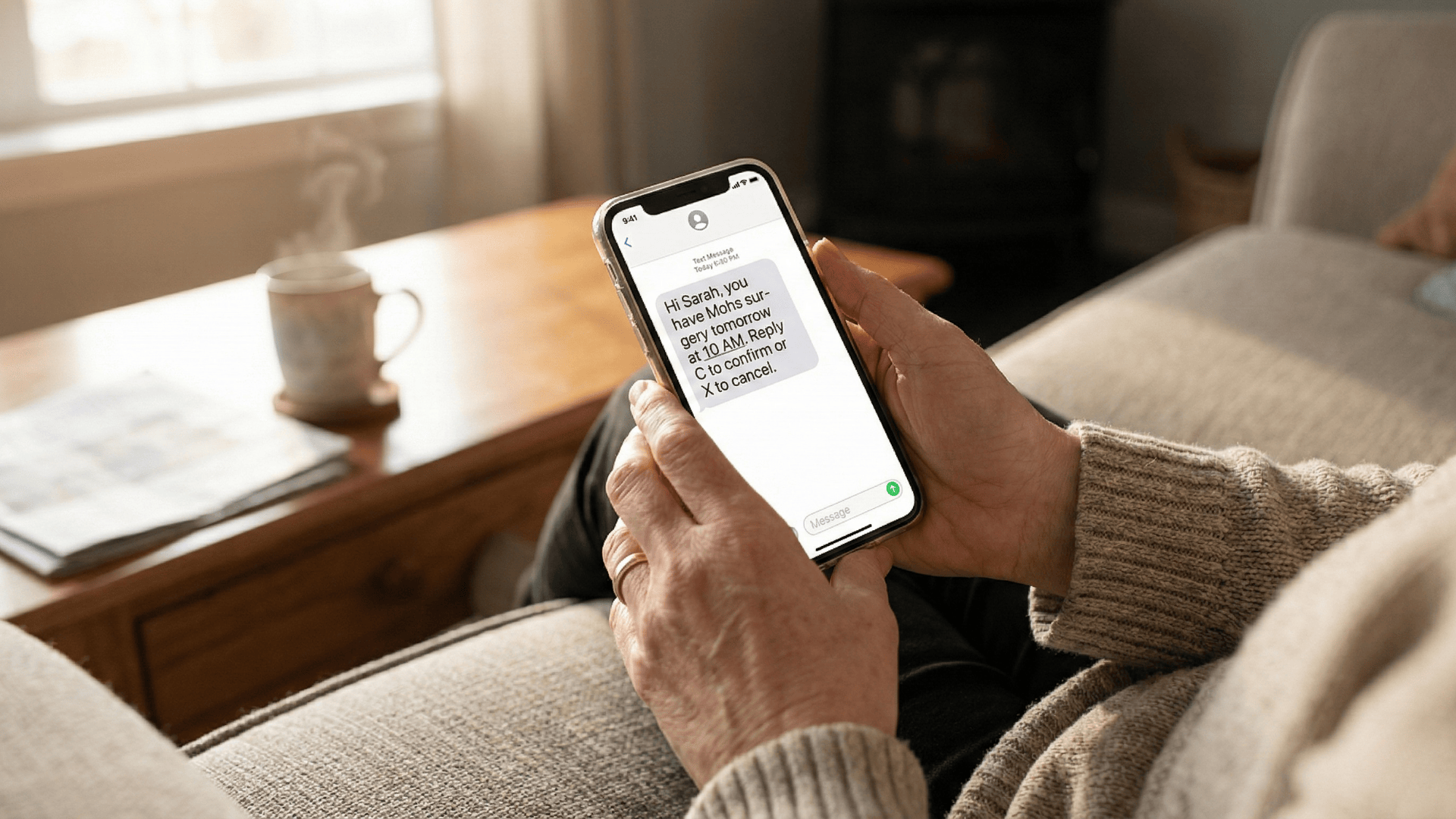 Patient receiving automated appointment reminder text message on smartphone at home