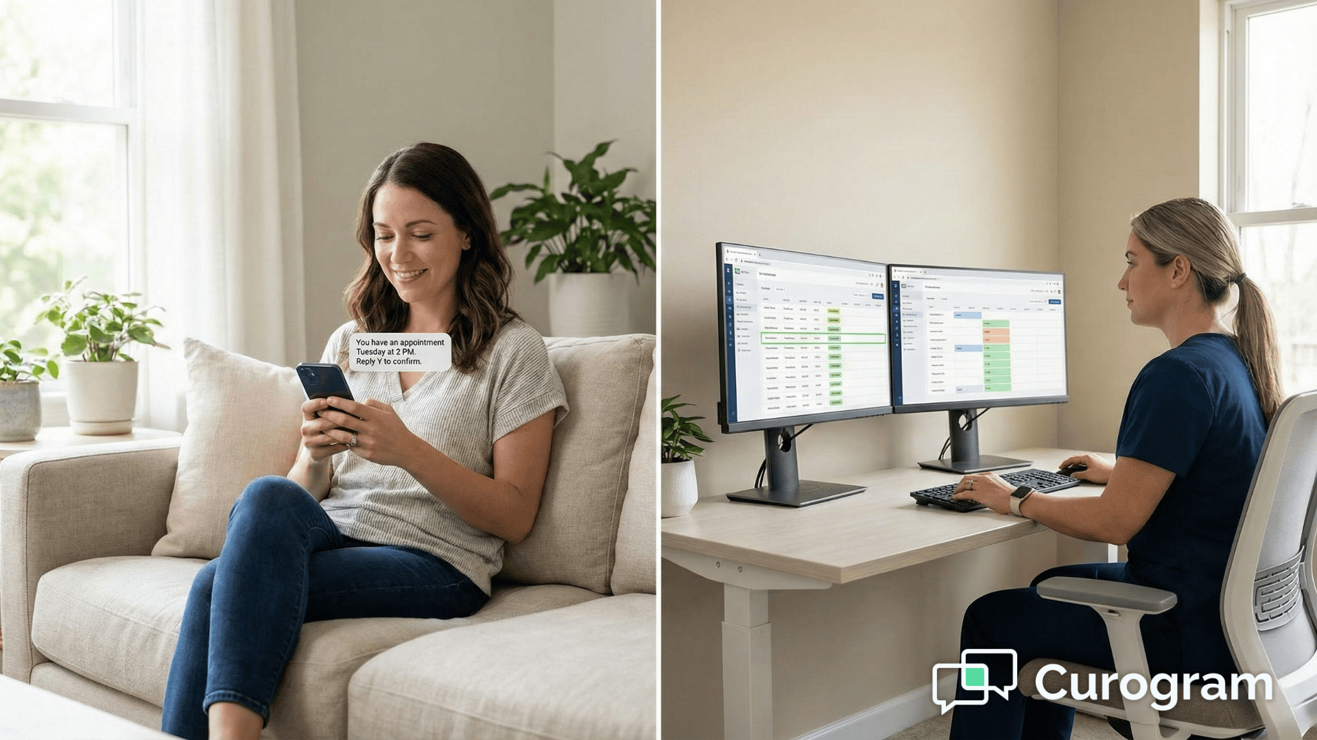 Woman reading appointment reminder text on her phone at home