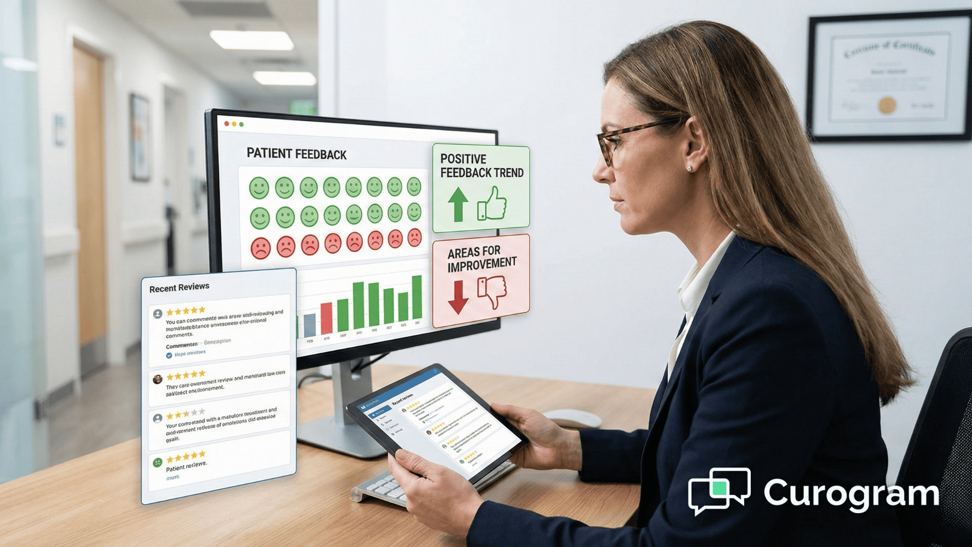 Practice manager tracking patient feedback on tablet to prevent negative reviews.