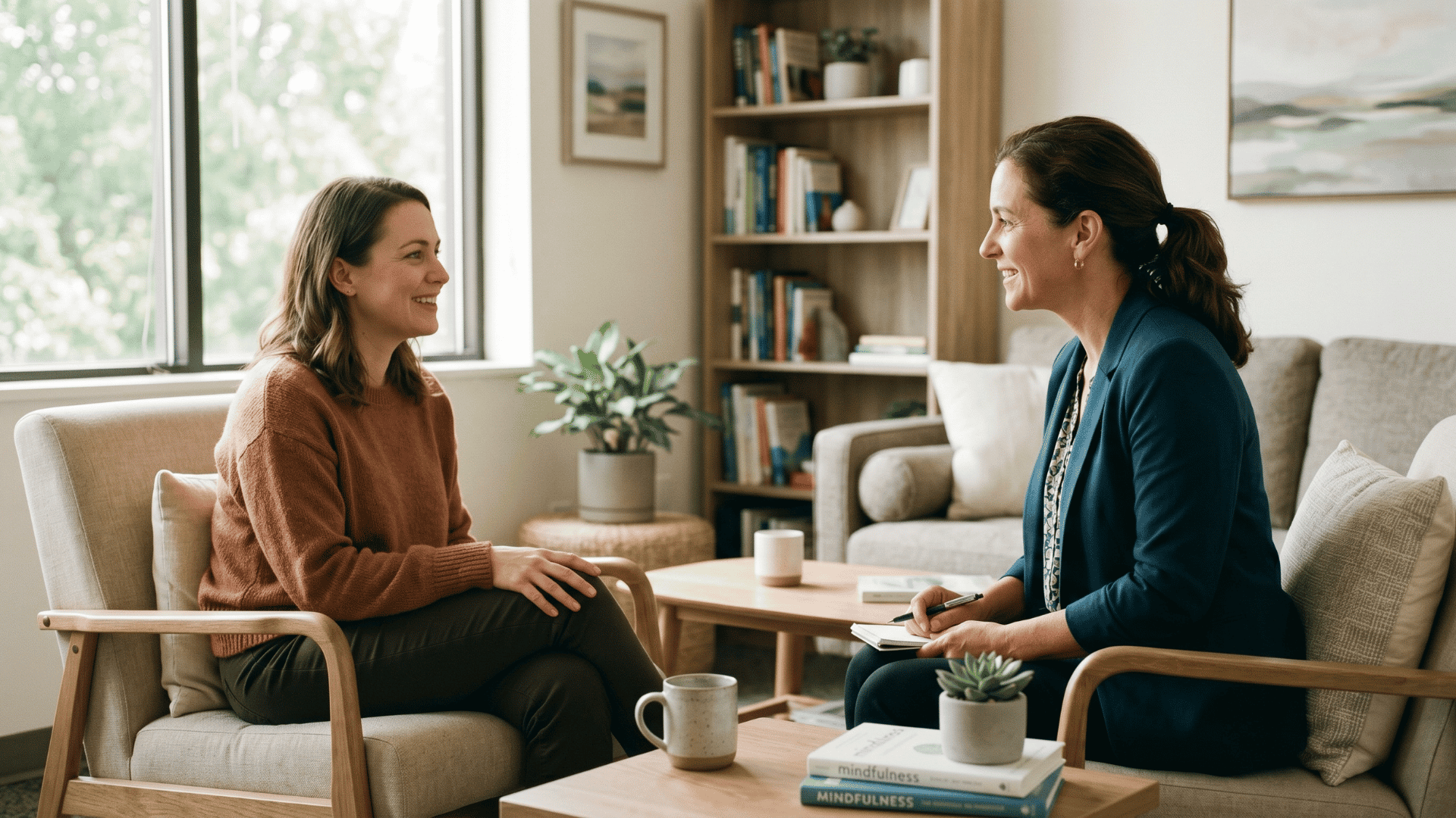 Behavioral health therapist reassuring a client during a calm consultation