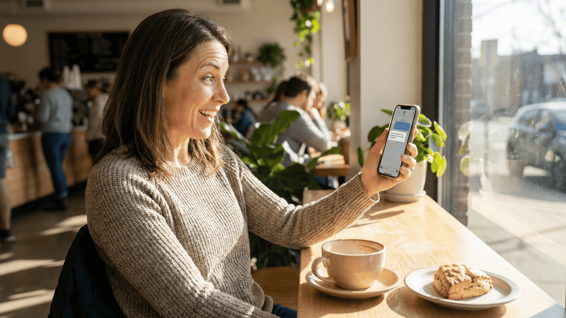 Patient smiling at phone after receiving a waitlist text for an earlier appointment