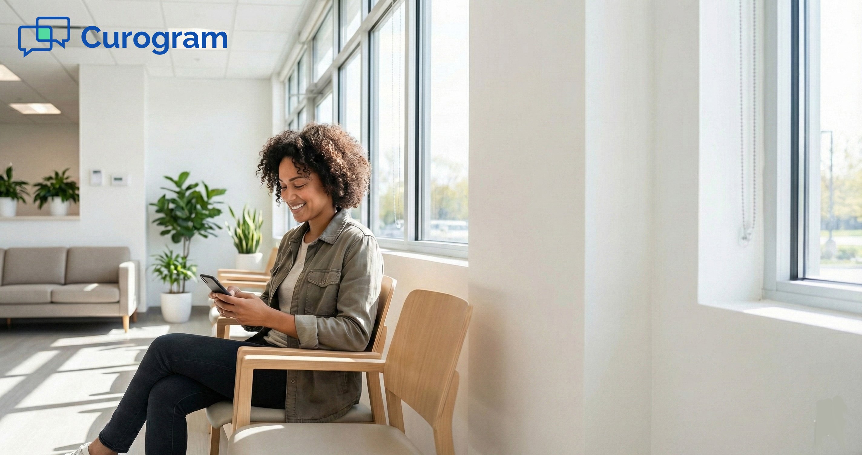 Smiling patient using a smartphone in a bright, modern medical clinic waiting room