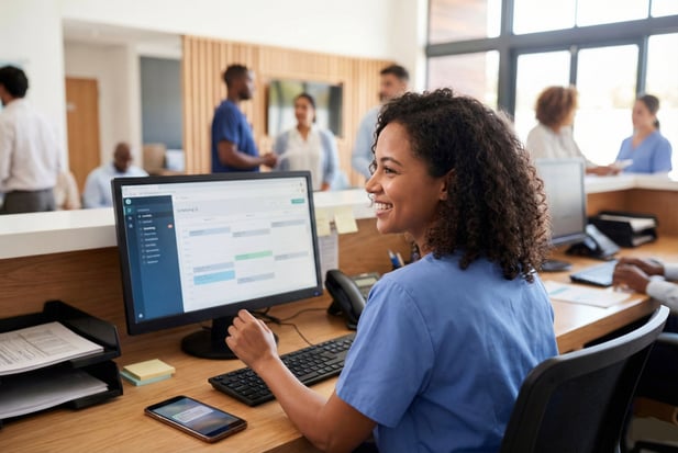 Medical office staff smiling at computer with smartphone on desk in a modern clinic
