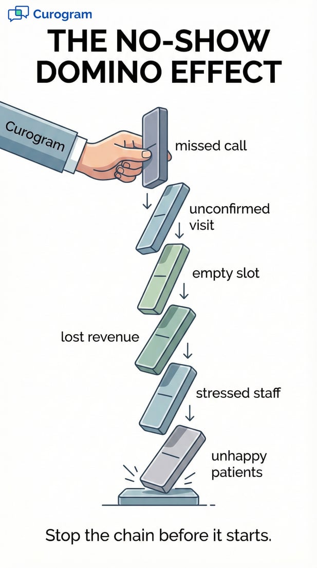 Curogram infographic illustrating the patient no-show domino effect leading to lost revenue
