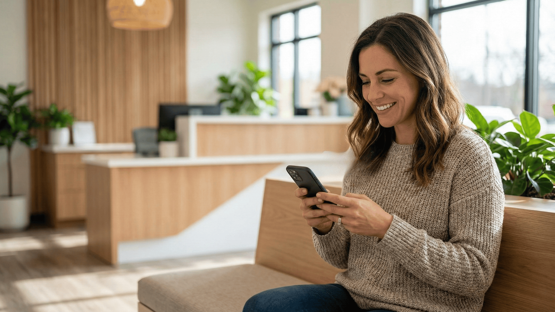 Front desk staff greeting a patient during checkout at an integrative clinic