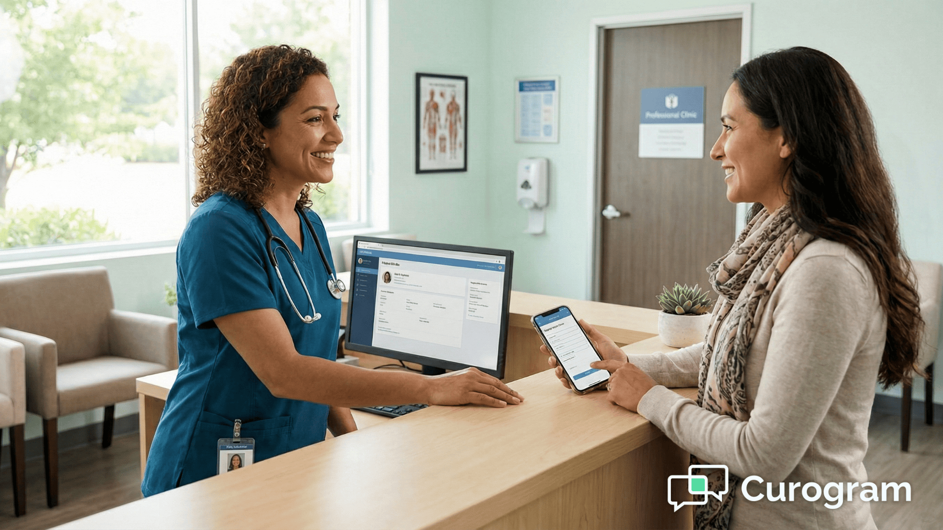 Clinic volunteer greeting patient using digital intake on smartphone
