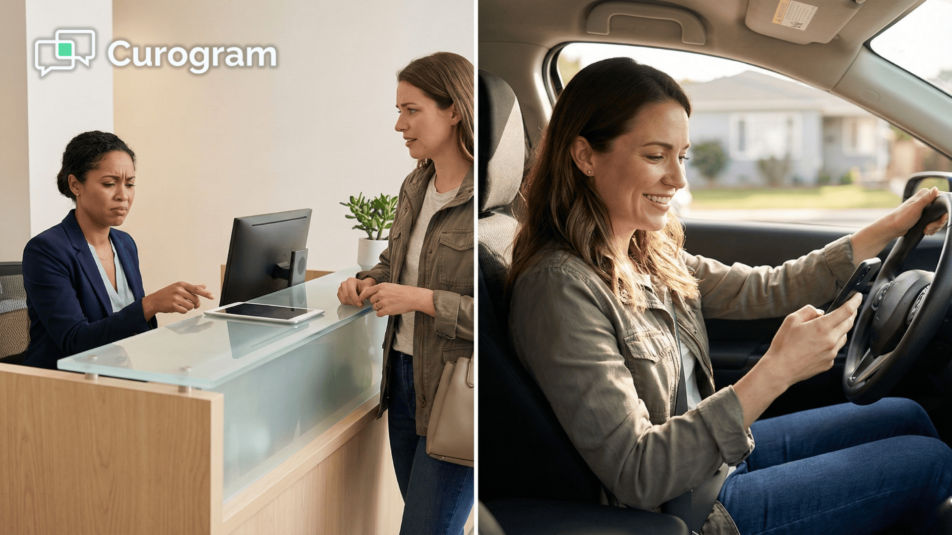 Receptionist awkwardly asking for review vs patient happily responding to text at home