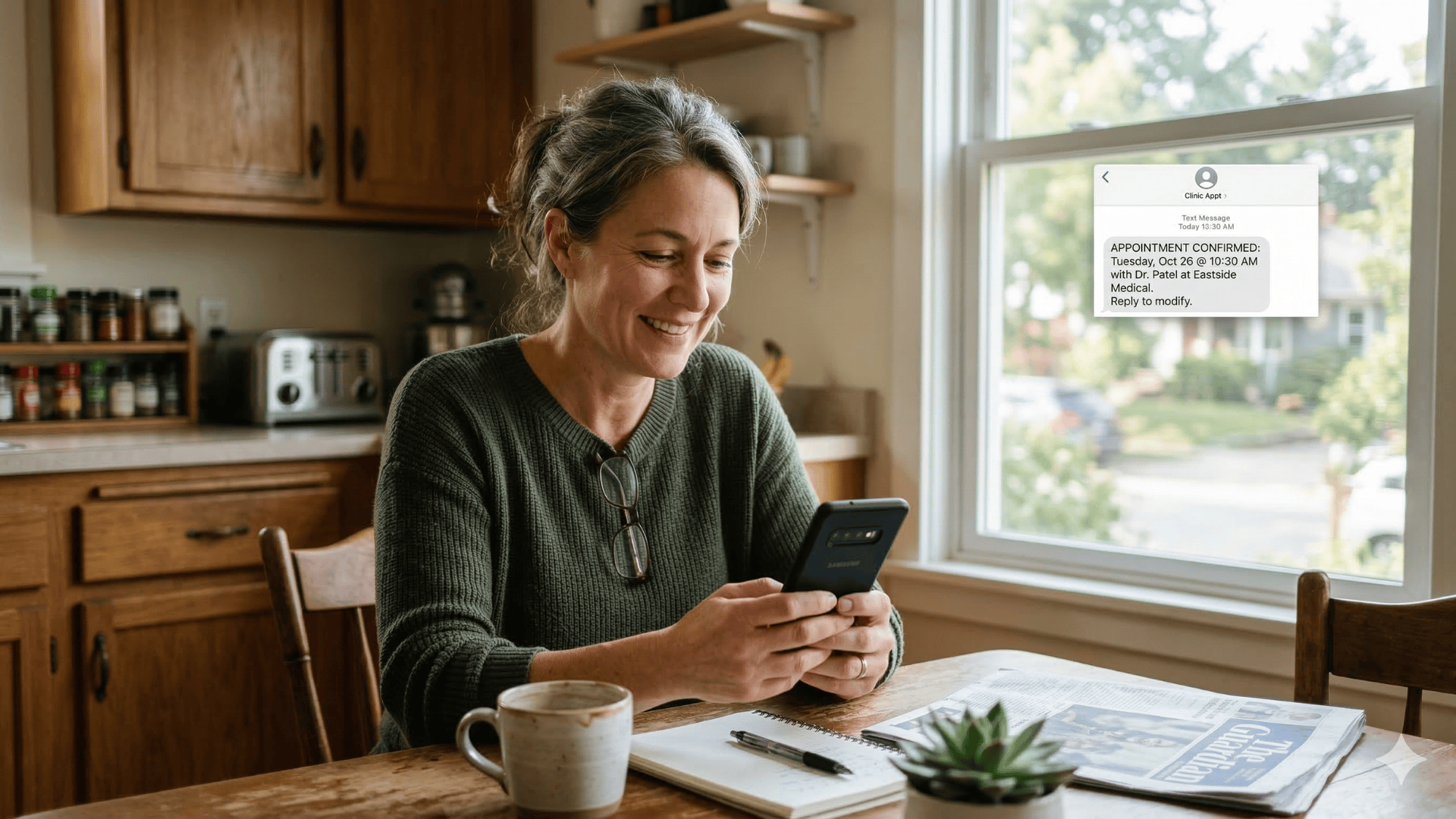 Patient reads appointment confirmation text from Azalea Health clinic