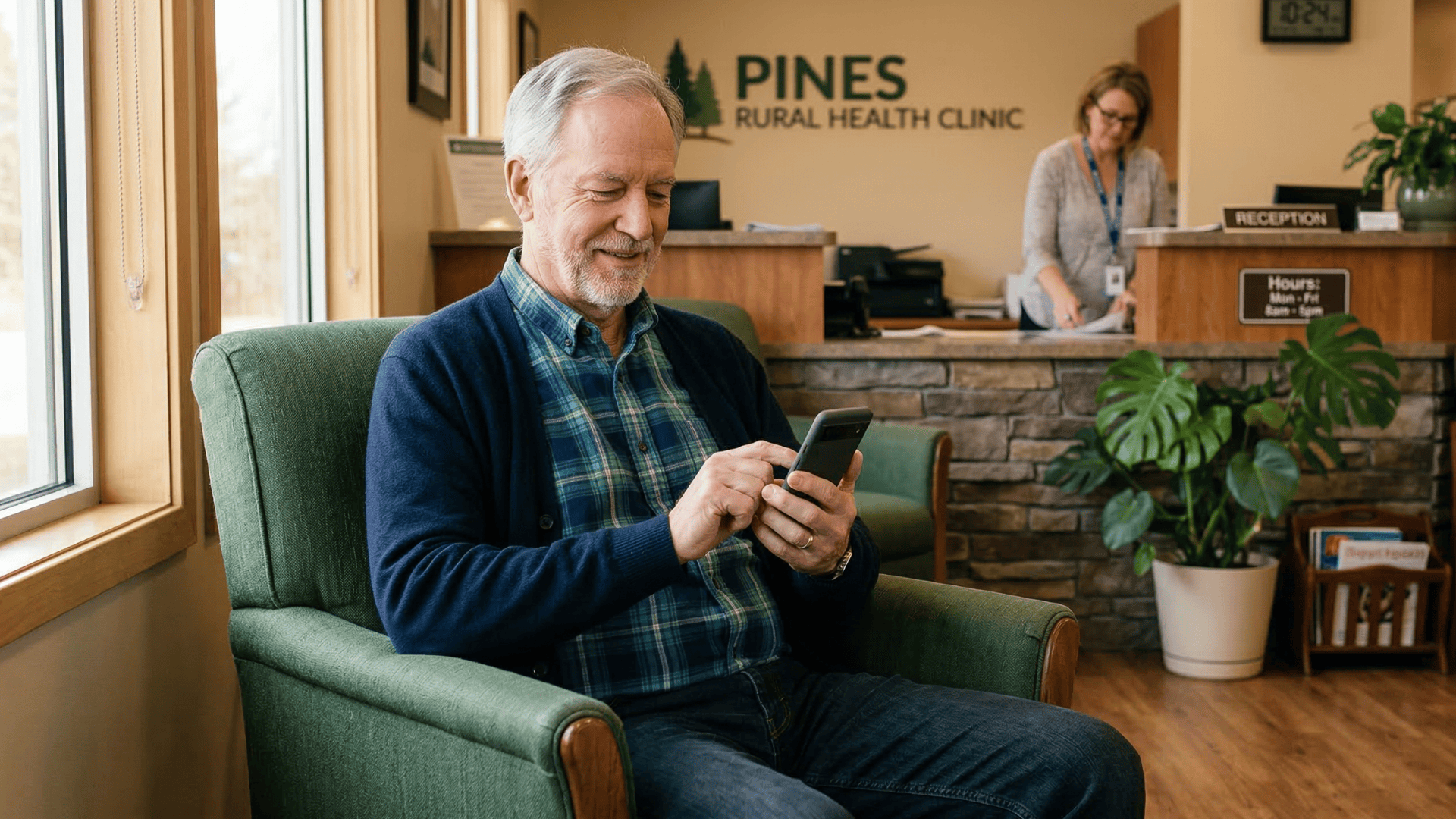 Patient completing a text-to-pay balance payment on his phone at a rural clinic